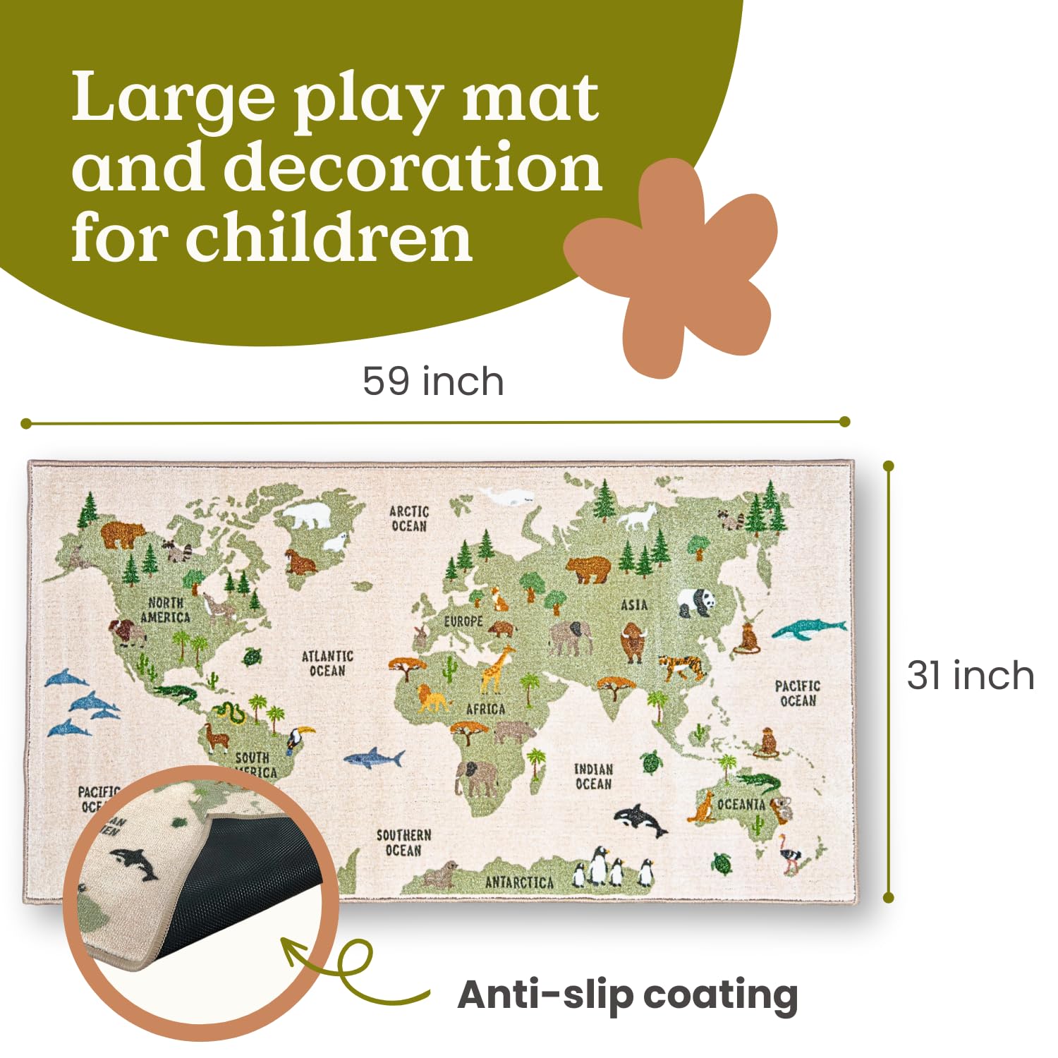 59 x 31 Inch World Map Educational Kids Carpet with Animals, Continents & Oceans - Soft Non-Slip Playmat Rug for Children's Bedroom, Nursery or Playroom - Perfect for Learning Geography & Fun Playtime