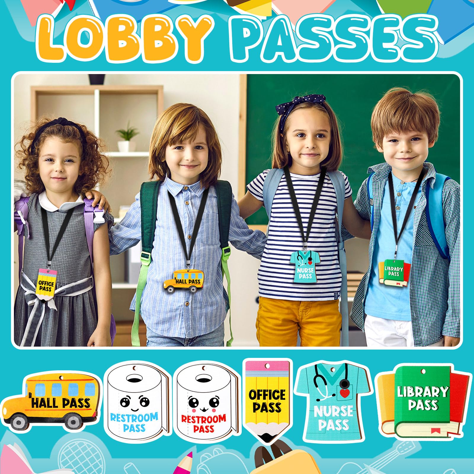 Sabary 6 Sets Unbreakable Wooden Hall Pass Lanyards with School Passes - Durable Classroom Bathroom Passes for Hall, Restroom, Library, Office & Nurse - Perfect Teacher Supplies Gift (Cute Style) - Ideal for Elementary Schools, Middle Schools and Teacher Appreciation Gifts