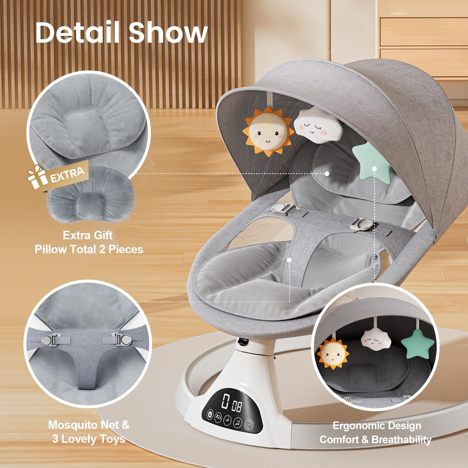Smart Bluetooth Baby Swing with App Control - 5 Speed Adjustable, 12 Lullabies, Smart Sensor & Timer - Portable Infant Swing for Boys & Girls - Perfect for Nursery, Travel & Soothing Fussy Babies