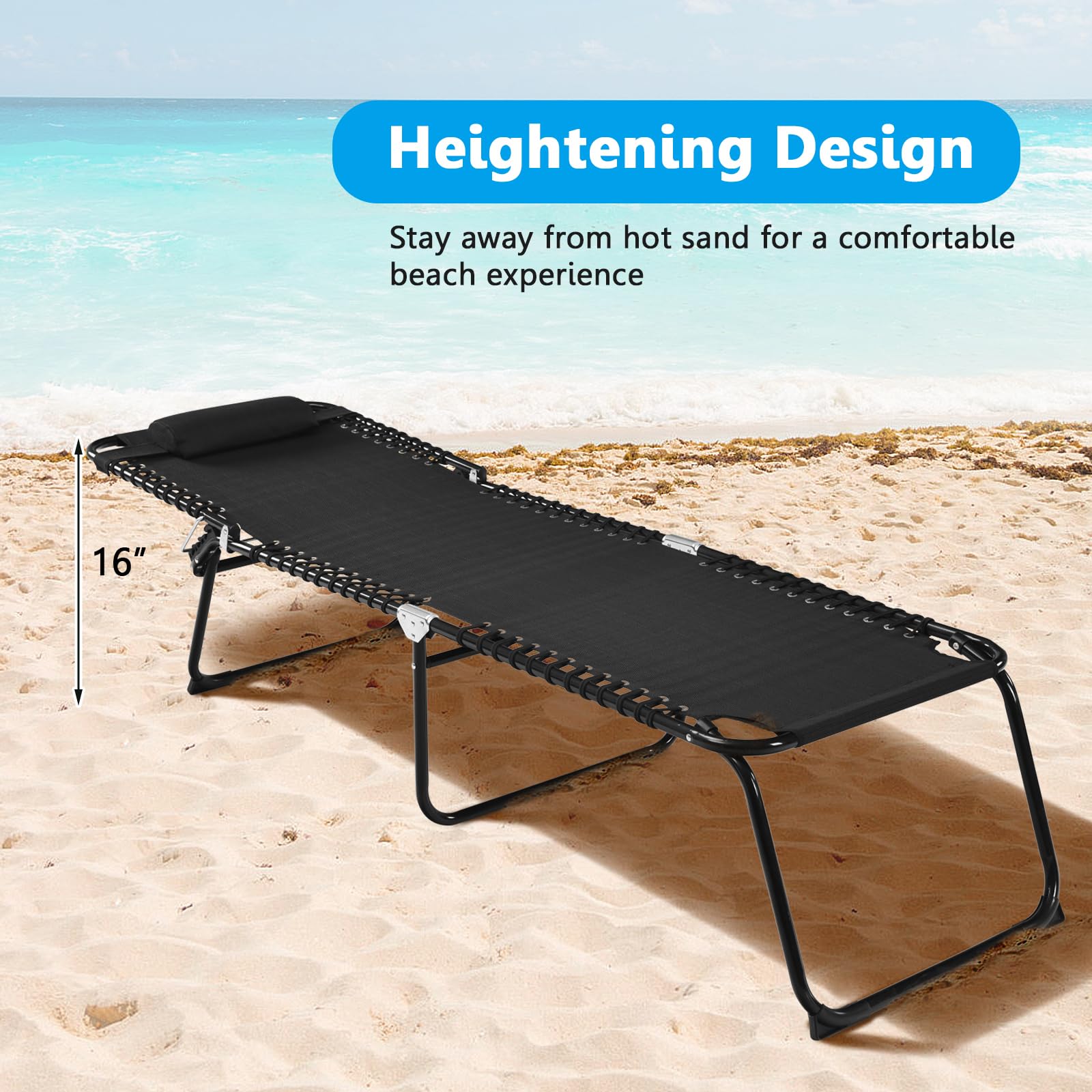 GYMAX Folding Tanning Chair with Adjustable Backrest & Removable Pillow - Extra High Lounge Chair for Sunbathing, Detachable Side Pocket, Indoor Outdoor Beach Chaise Lounger (Black) - Perfect for Poolside Relaxation, Backyard Sunbathing & Beach Vacations