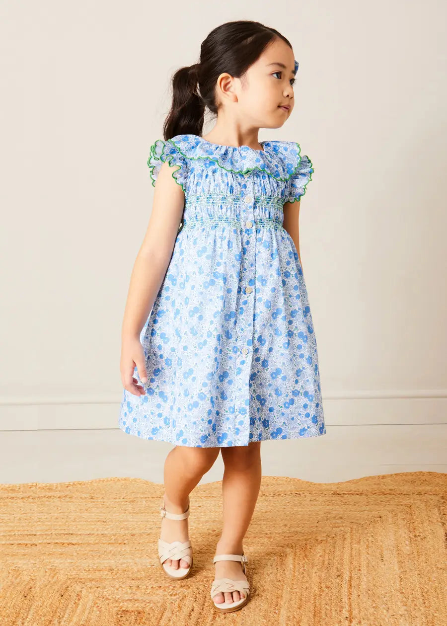 Olivia Floral Smocked Ruffle Collar Sleeveless Dress for Girls - Blue Summer Dress for Baby to Kids (12 Months to 10 Years) | Perfect for Birthday Parties, Family Photos & Special Occasions