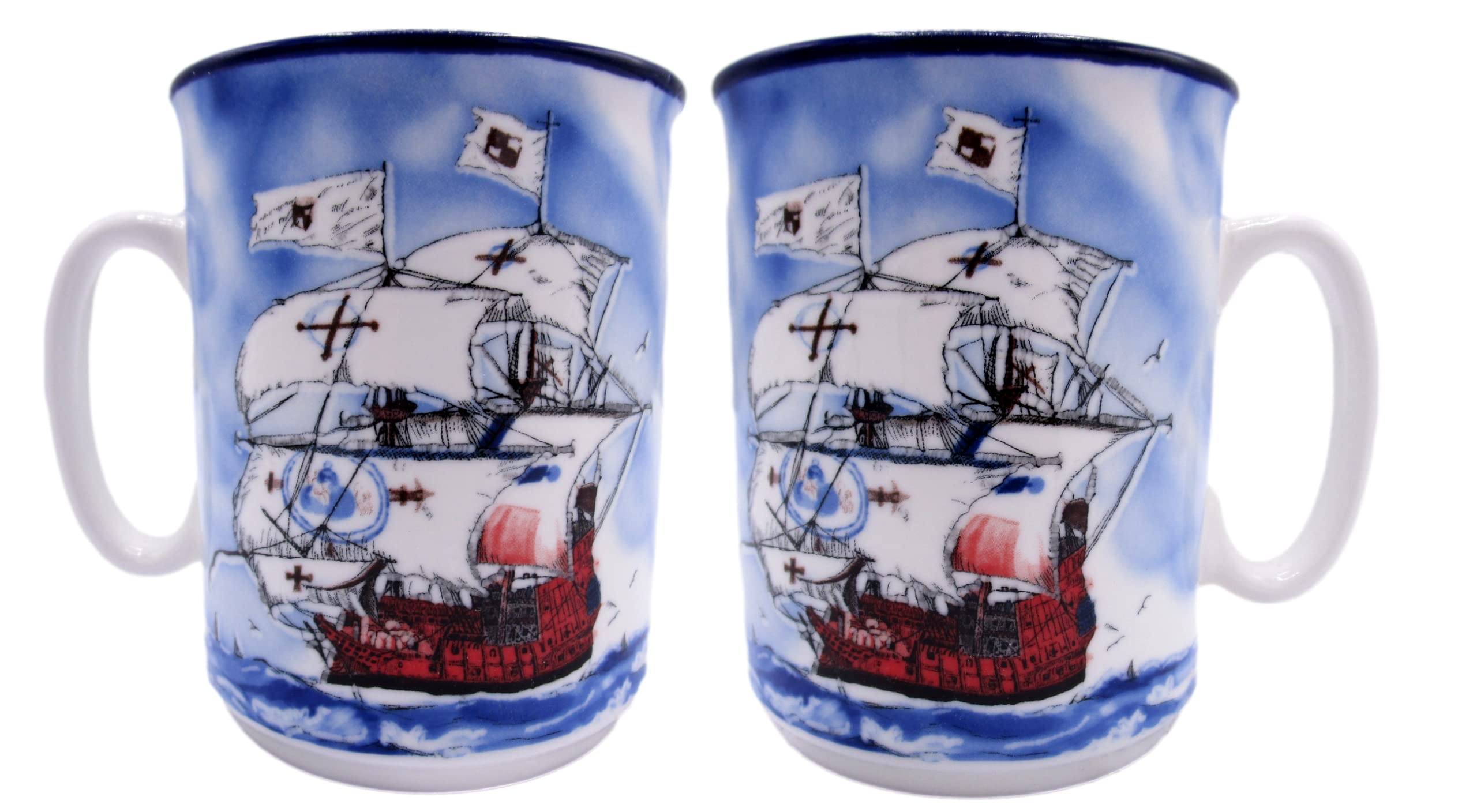 Premium Set of 2 Bone China Coffee Mugs with European Galleon Sailing Ship Design - Elegant Tea Cups for Home, Office & Gifts - Perfect for Morning Coffee, Afternoon Tea & Nautical Decor