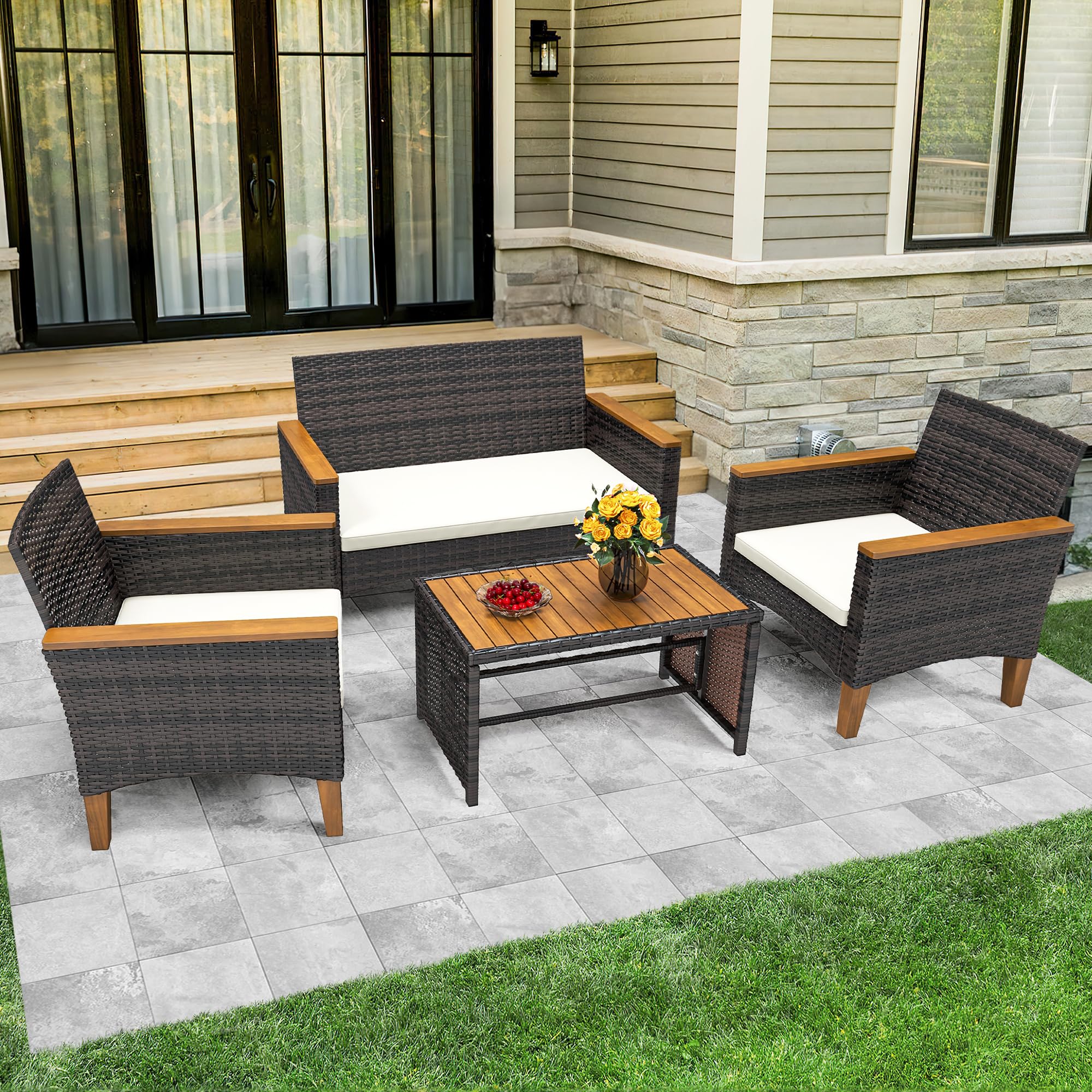 YITAHOME 4-Piece All-Weather Outdoor Patio Furniture Set - Wooden Armrest Rattan Wicker Conversation Set with Side Table, Cushions & Wooden Feet (Brown/Beige) - Perfect for Garden, Backyard, Poolside & Patio Relaxation