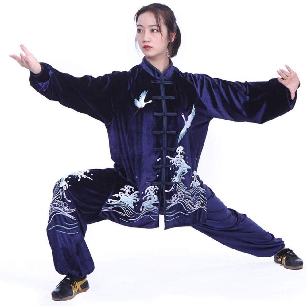Premium Tai Chi Uniform for Men & Women - Traditional Chinese Gold Velvet Embroidery Kung Fu Suit - Thick Autumn/Winter Training Clothes - Blue XXL - Ideal for Taijiquan Practice, Martial Arts Performance & Meditation