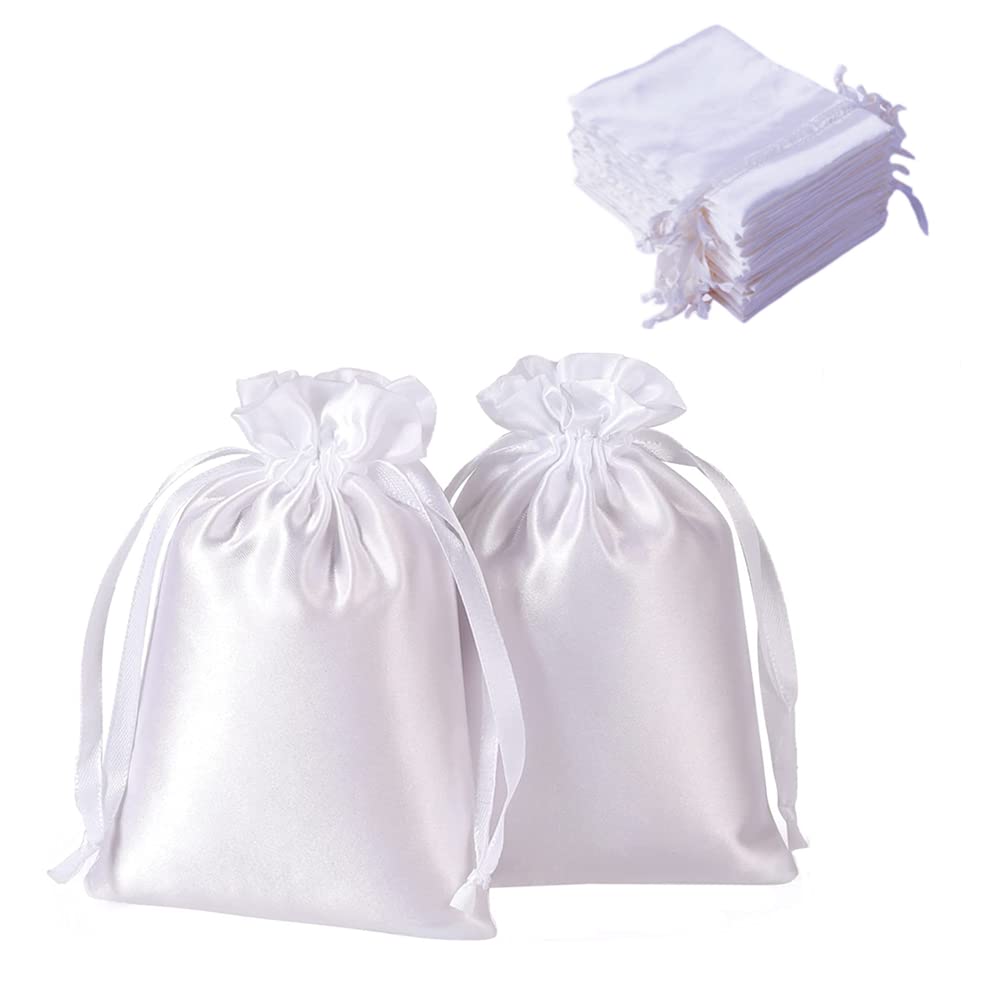 KUPOO 50 Pack 4x6 Inch White Silk Drawstring Gift Bags - Elegant Jewelry Pouches for Wedding, Baby Shower & Christmas Presents | Perfect for Jewelry, Party Favors, and Special Occasion Gifting