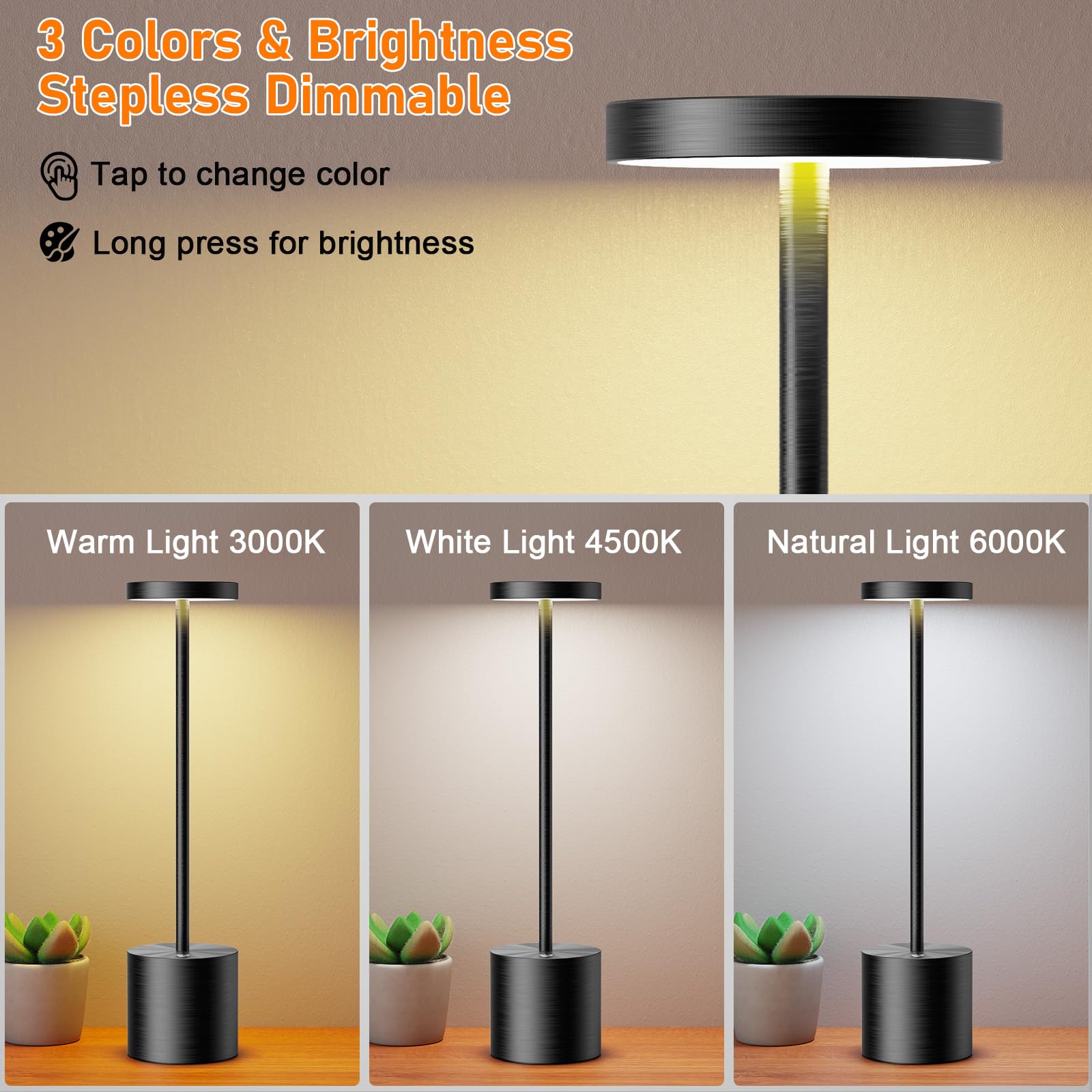 Rechargeable Cordless Table Lamps - 6000mAh Battery Operated LED Desk Light, Portable Nightstand Lamp for Bedroom, Restaurant, Outdoor Use (2 Pack, Black) - Perfect for Reading, Camping & Emergency Lighting