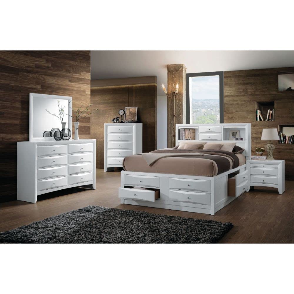 5-Piece White Wooden Bedroom Set with Storage - King Size Bed, Chest, Dresser, Nightstand & Mirror | Modern Bedroom Furniture for Home Decor & Space Saving Storage Solutions