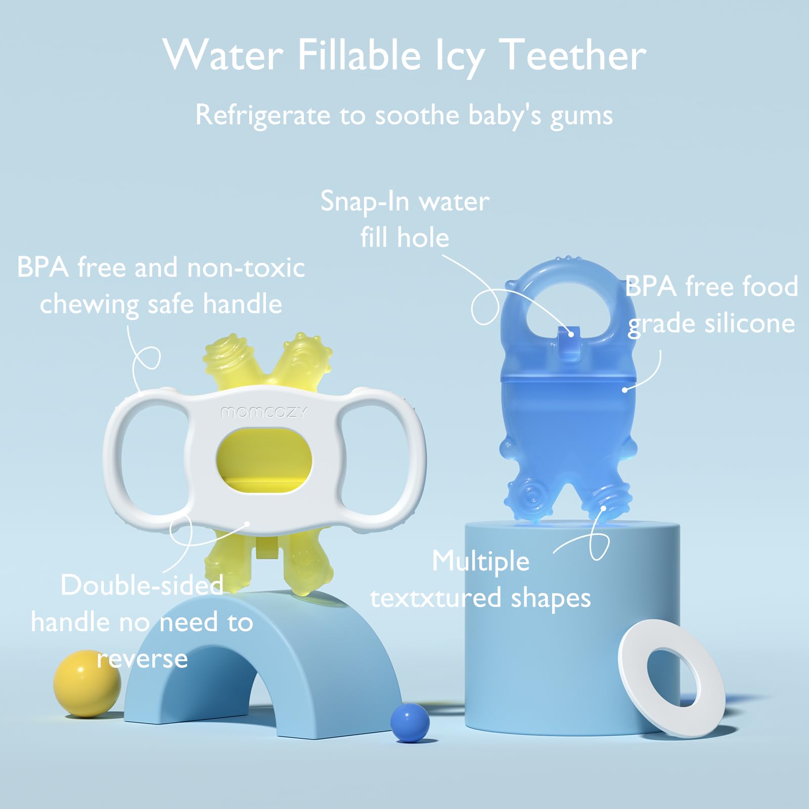 Momcozy Baby Teether Toys for 0-12 Months - Water Fillable Silicone Cold Teether for Teething Relief - BPA-Free Infant Chew Toys (Blue & Yellow, 2-Pack) - Perfect for Soothing Sore Gums at Home or On-the-Go