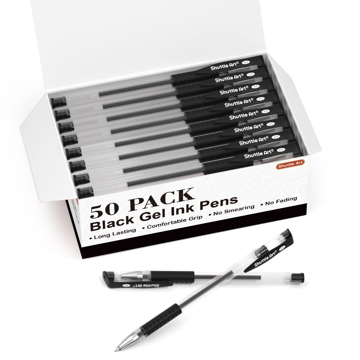 Shuttle Art Black Gel Pens - 50 Pack Fine Point 0.5mm Rollerball Pens with Smooth Writing & Comfort Grip - Bulk Office, School & Home Supplies - Perfect for Note Taking, Journaling & Art Projects