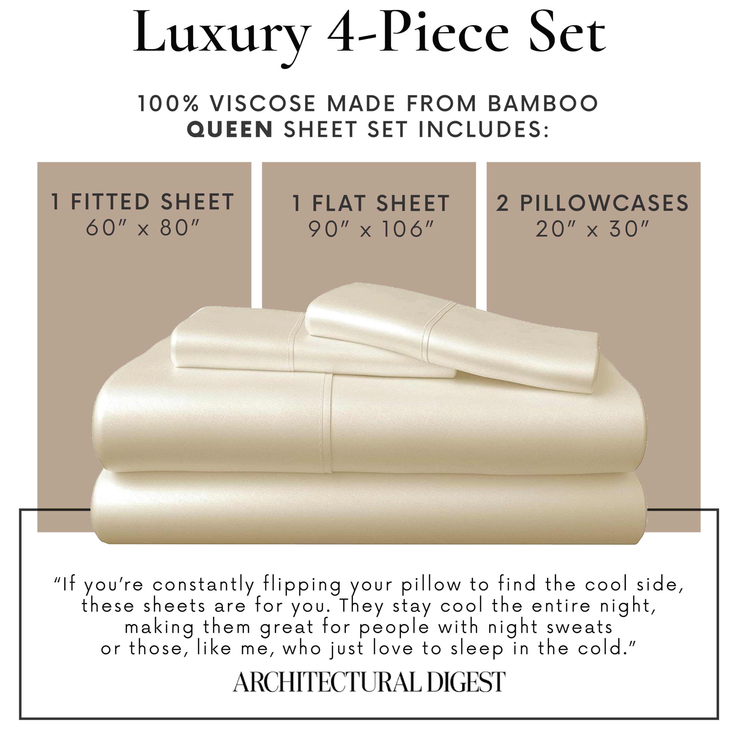 Bamboo Bay 4-Piece Queen Size Sheet Set - 100% Bamboo Viscose, Breathable & Ultra Soft Cooling Bed Sheets for Hot Sleepers - Deep Pocket Fits 16