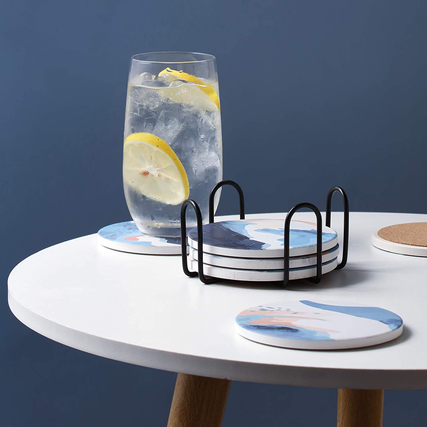 6-Pack Non-Slip Coasters with Wooden Holder - Absorbent Drink Coasters for Coffee Tables, Dining Tables & Home Decor
