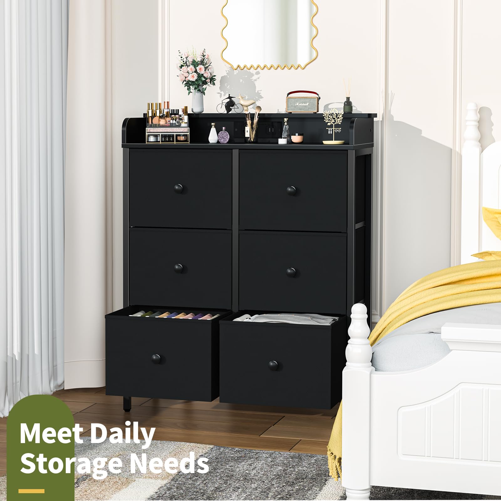 Yoobure 6-Drawer Dresser with LED Lights & USB Charging Station - Modern Fabric Storage Tower Organizer for Bedroom, Kids Room, Closet, Living Room & Hallway - Perfect for Home Organization & Nighttime Convenience