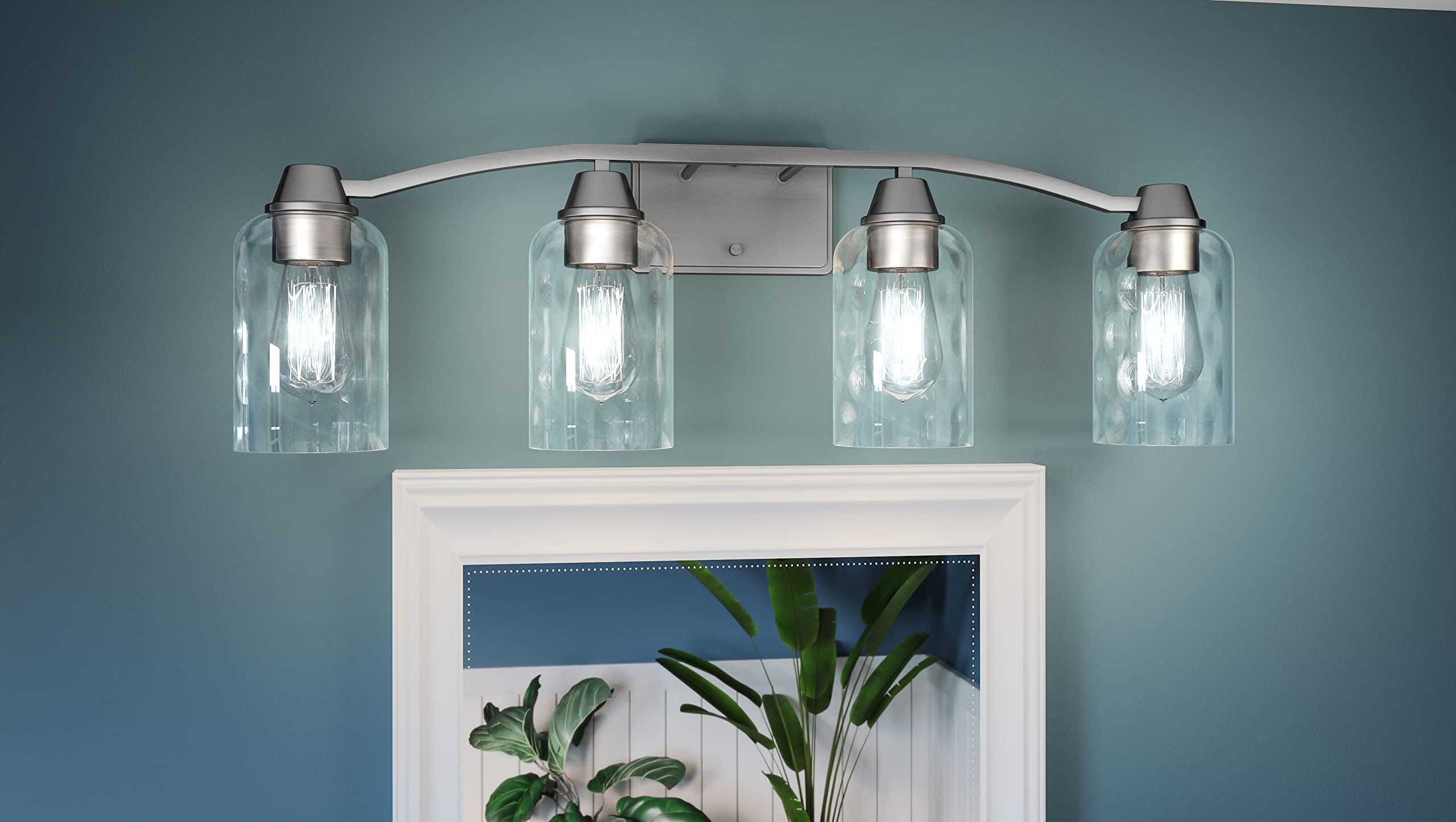 Quoizel Acacia 4-Light Brushed Nickel Bathroom Vanity Light with Dappled Clear Water Glass - Dimmable Modern Wall Fixture for Bathroom, Bedroom & Dressing Room - Durable Resin Construction Vanity Lighting Accessories