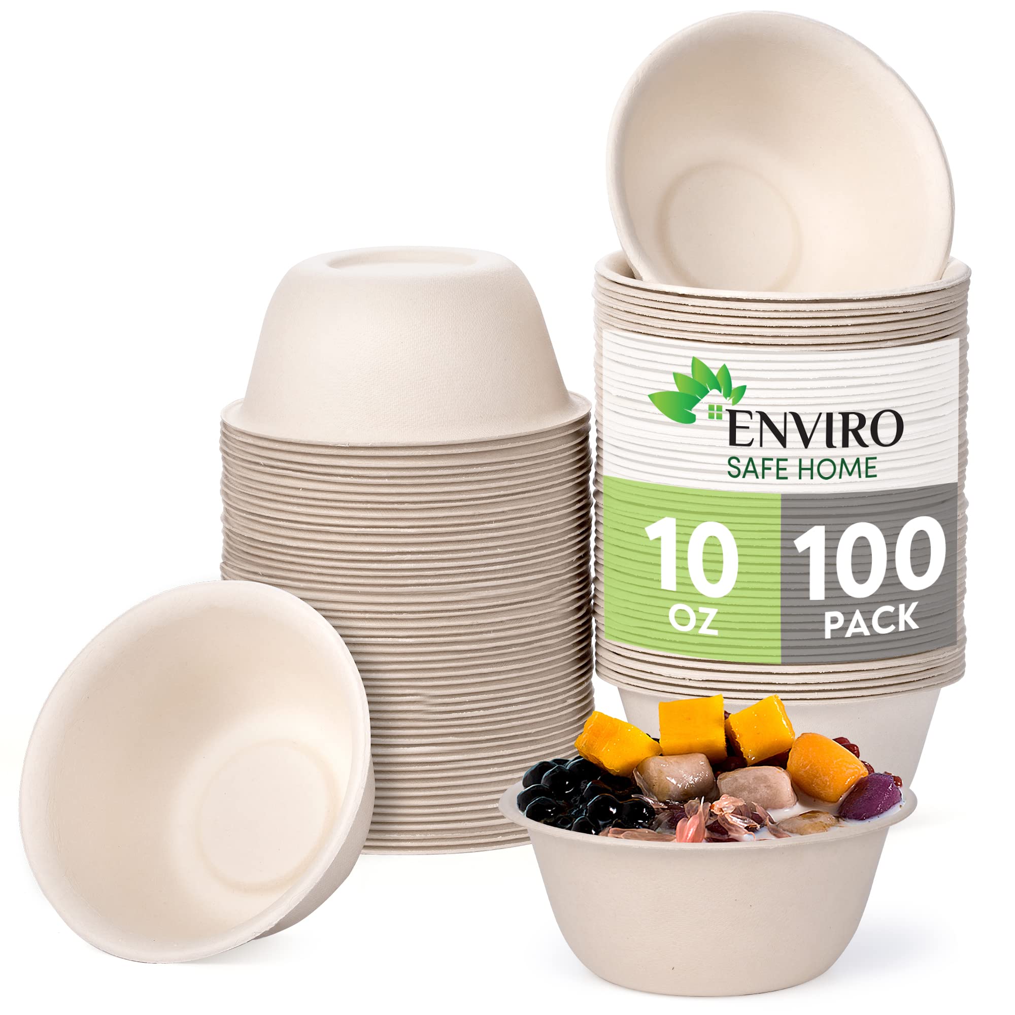 Eco-Friendly Compostable 10 oz (300ml) Disposable Soup Bowls - 100 Pack Biodegradable Bamboo Fiber Bowls - Microwave & Oven Safe, Leakproof for Hot Liquids - Perfect for Parties, Picnics, Takeout & Home Meal Prep