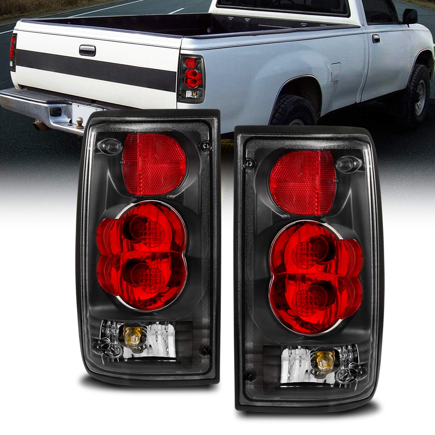 AmeriLite Black Replacement Tail Lights for 1985-1995 Toyota Pickup Truck Hilux - Left & Right Side Pair - Durable LED Brake Lights for Off-Road & Night Driving