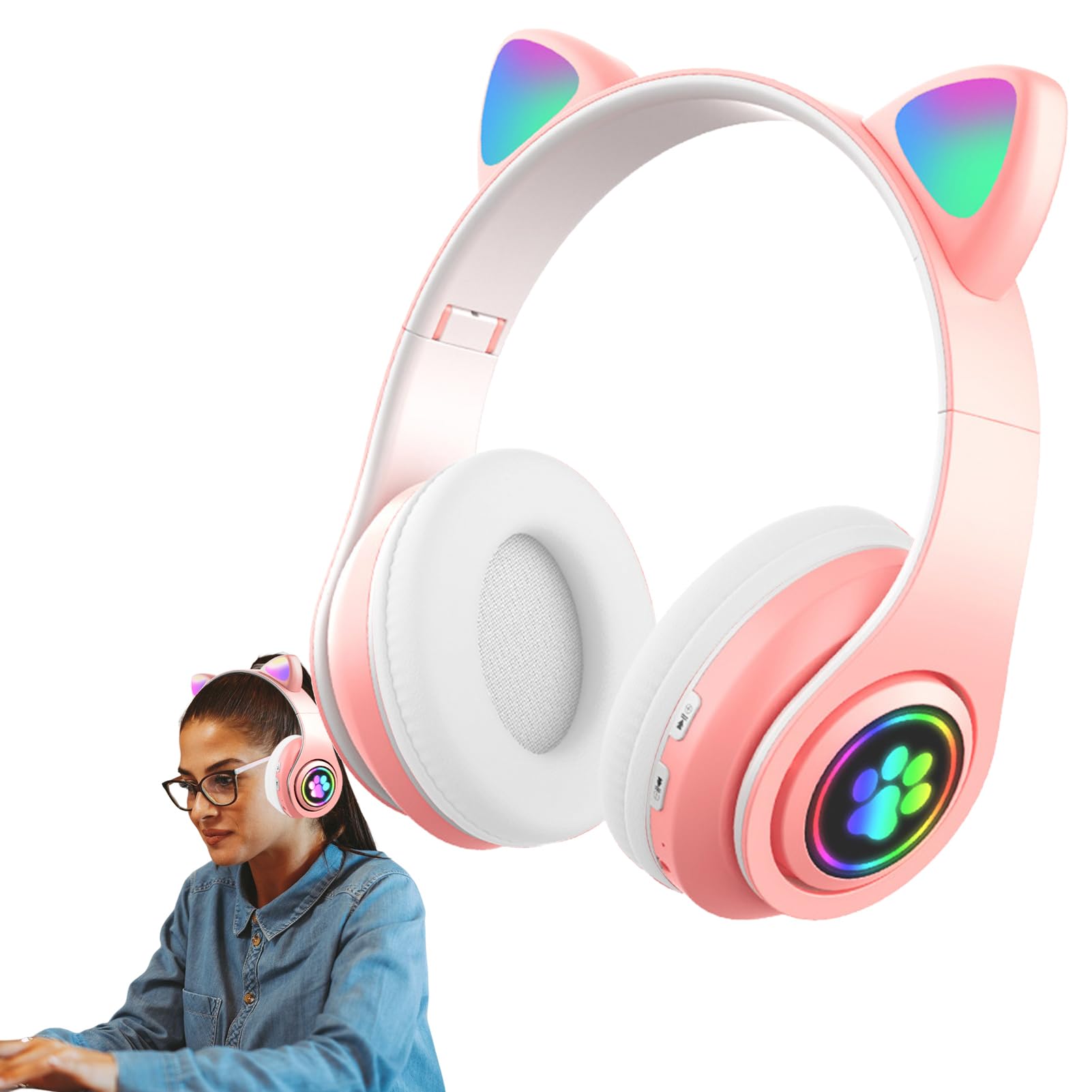 Wireless Cat Ear Headphones with Microphone, LED Lights & FM Radio - Bluetooth & Wired On-Ear Stereo Headset for Kids, Girls & Boys - Perfect for Phone Calls, Music, TV & Laptop Use - Cute Gift for Anime Fans & Gamers