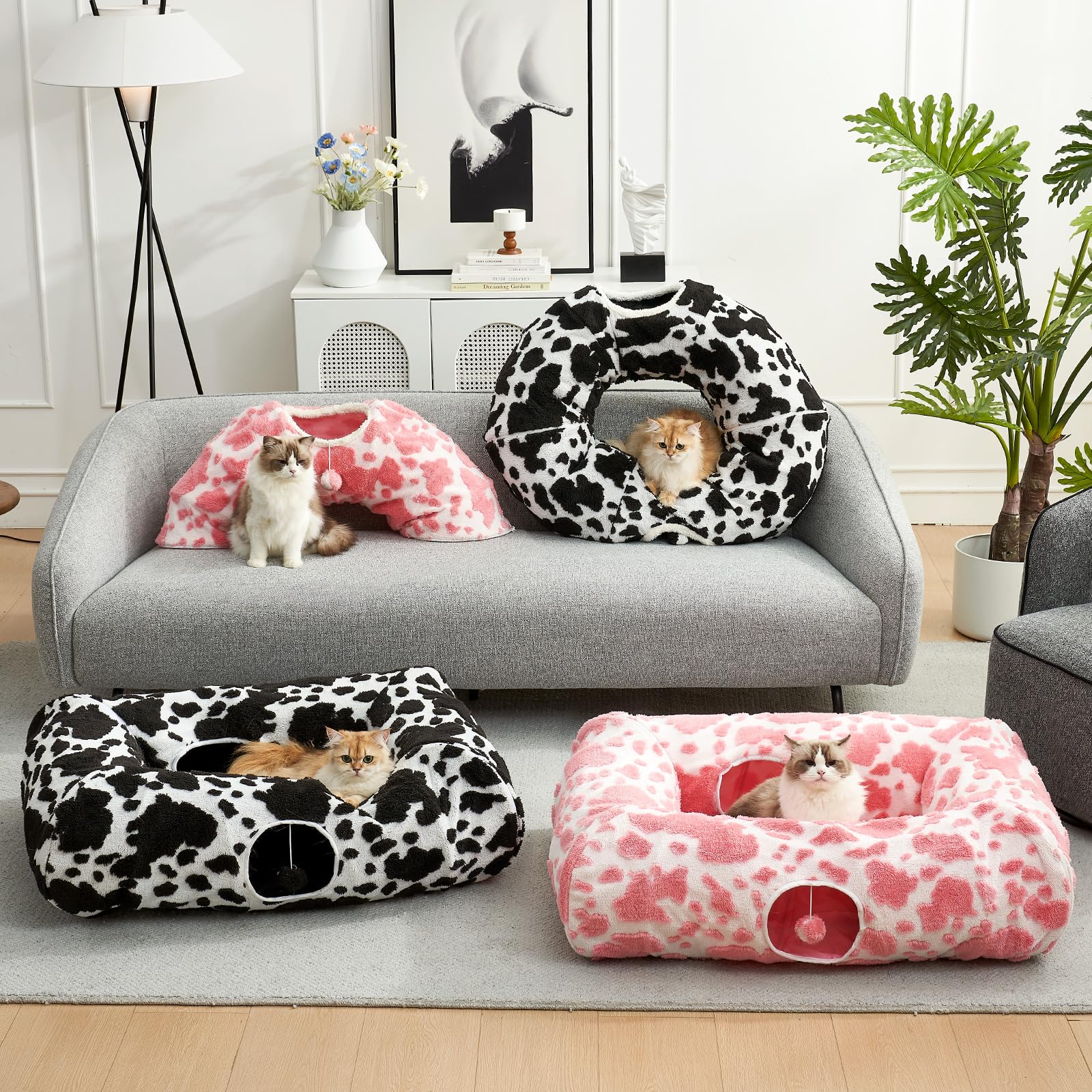 Foldable Cat Tunnel Bed for Indoor Cats - Washable Cushion & Cute Donut Design - Perfect for Kittens, Puppies & Rabbits - Pink & White (Great for Playtime, Napping & Small Pet Hideouts)