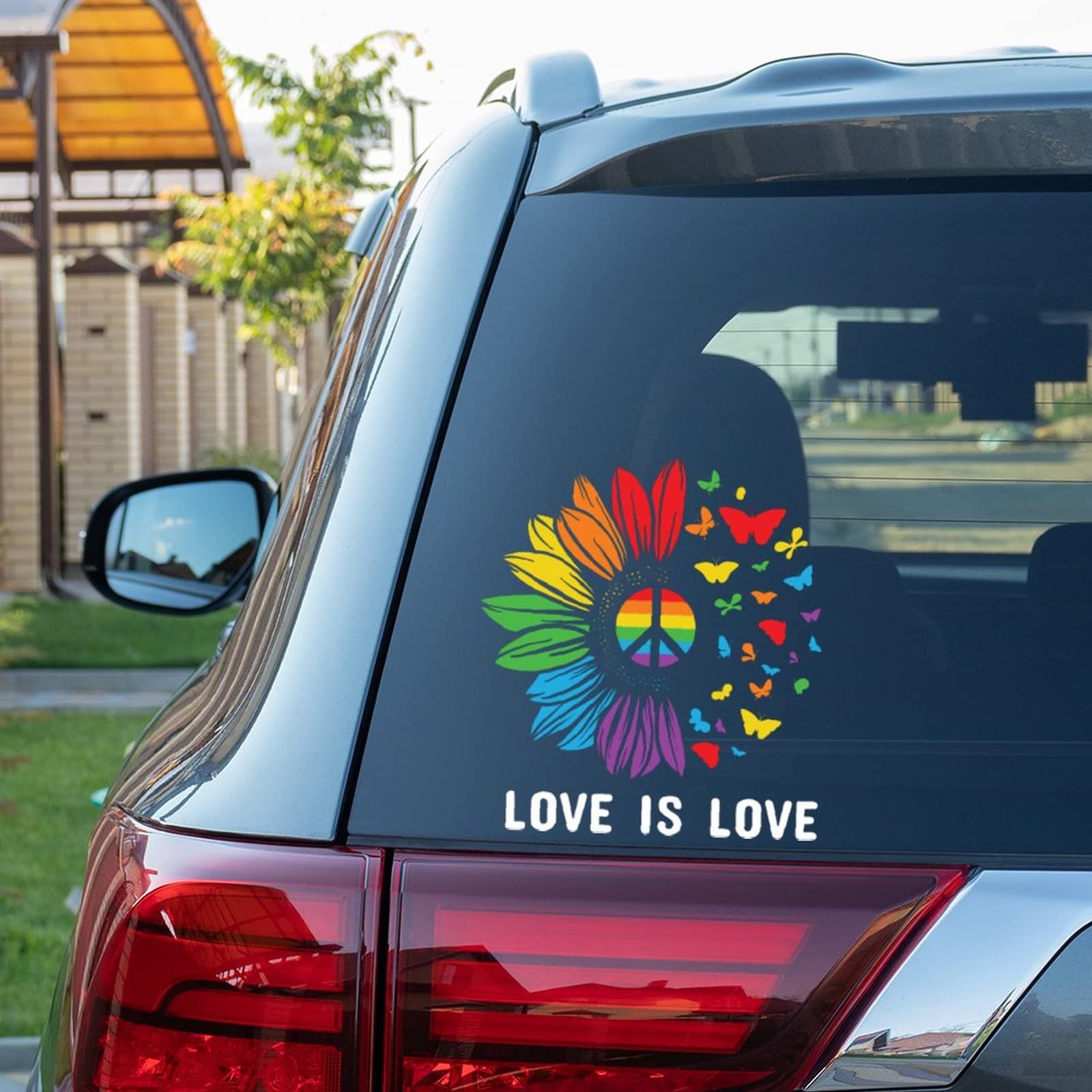 Sunflower Butterfly Love Is Love Car Decals - LGBTQ+ Pride Rainbow Equality Vinyl Stickers for Cars, Trucks, Windows, Laptops - Funny Bumper Stickers for Gay Pride, Lesbian & LGBT Support - Perfect for Pride Month, Parades, and Showing Equality Support