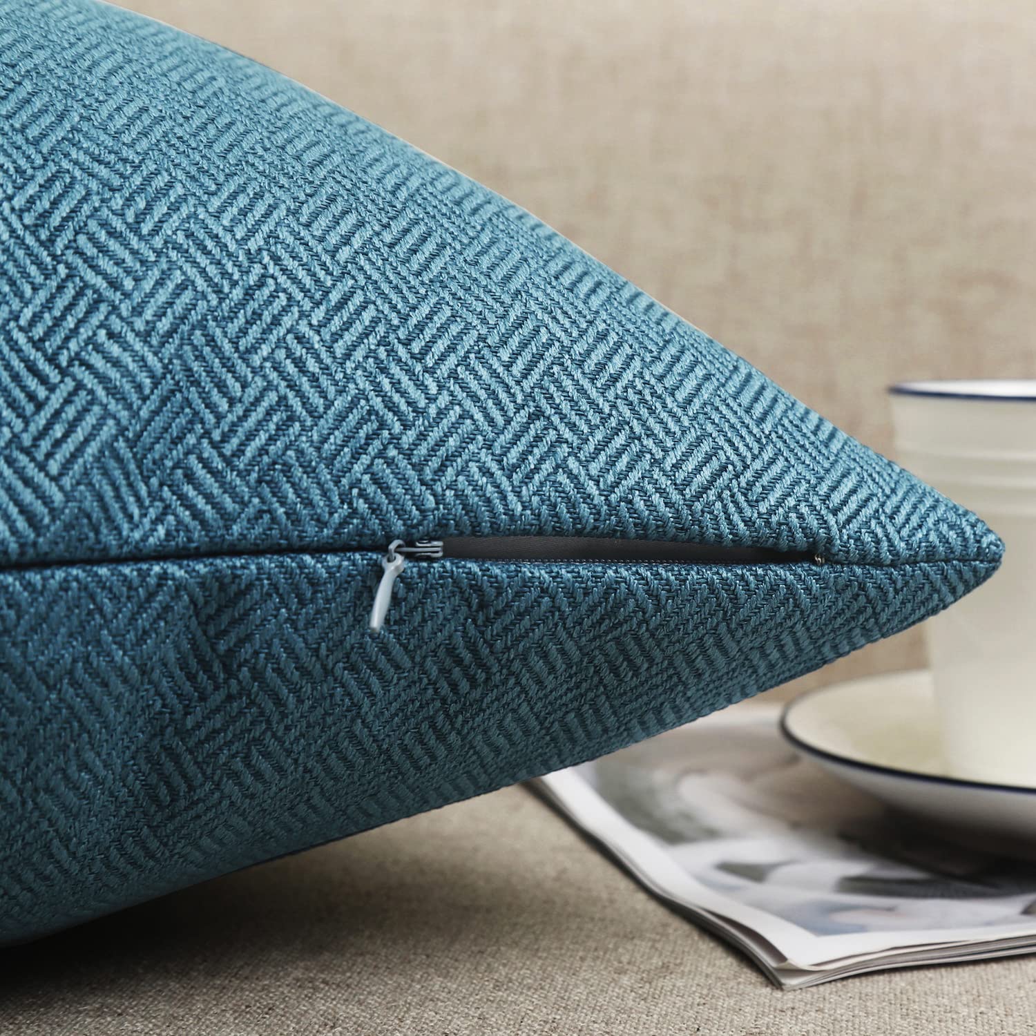 Jepeak 20x20 Inch Woven Textured Throw Pillow Covers (Pack of 2) - Rustic Linen Square Cushion Covers for Farmhouse, Spring & Home Decor - Denim Blue - Perfect for Sofa, Couch, Bed & Living Room Accents