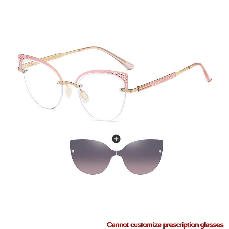 CCSpace Women's Full Rim Oval Cat Eye Alloy Eyeglasses with Clip-On Sunglasses - Fashionable Retro Frame for Work, Driving & Outdoor Activities (Model 302035)