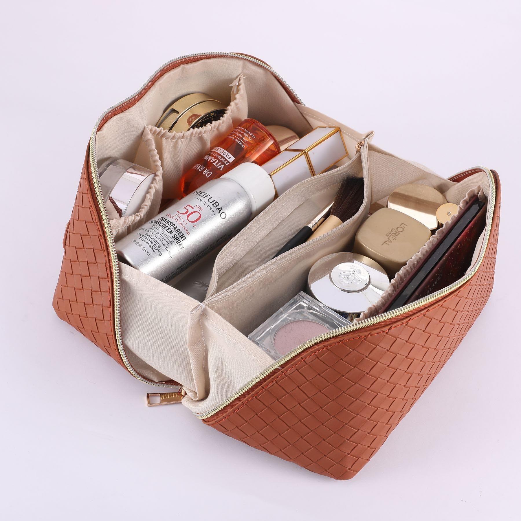 Savatti Large Capacity Makeup Organizer Bag - Travel Toiletry Bag with Wide Open Pouch, Cosmetic Storage for Women, Makeup Brush Holder & Toiletries Accessories (Brown, 165) - Perfect for Travel, Home Organization & Daily Essentials Storage