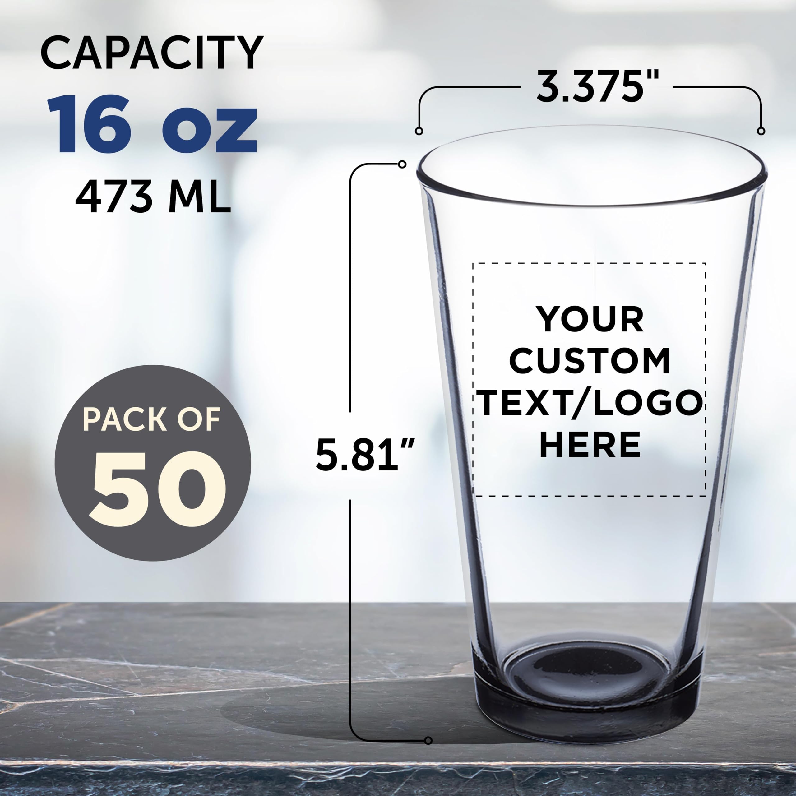 Custom 16 oz Beer Pint Glasses - Bulk Set of 50 Personalized Bar Glasses with Thick Base & Walls | Heavy Duty Stackable Glassware for Restaurants, Bars & Home Use | Perfect for Commercial Establishments, Parties & Gifts