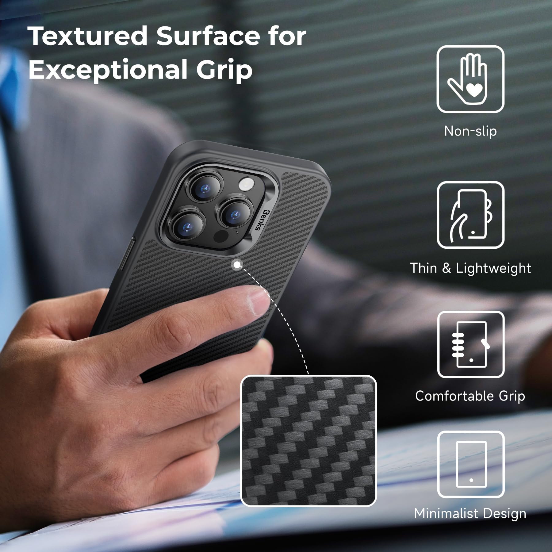 BENKS iPhone 15 Pro Case with MagSafe - Military-Grade Shockproof Protective Cover for iPhone 15 Pro 6.1 inch, 600D Aramid Fiber Slim Phone Case (Black) - Perfect for Outdoor Adventures & Daily Protection