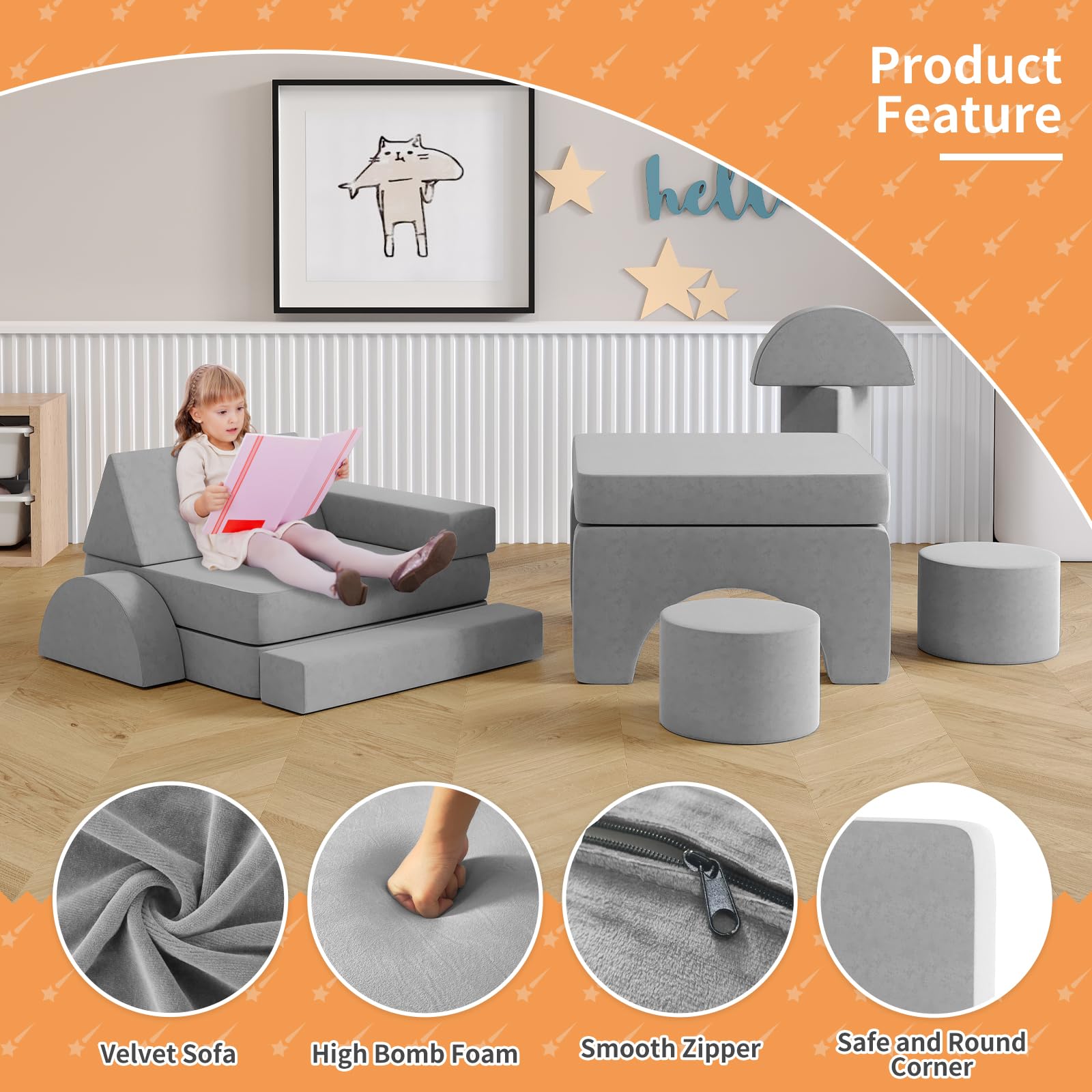13-Piece Modular Kids Play Couch with 2 Ottomans - Foldable Playroom & Bedroom Sofa for Boys & Girls - Soft Gray Large Play Couch for Reading, Napping & Pretend Play