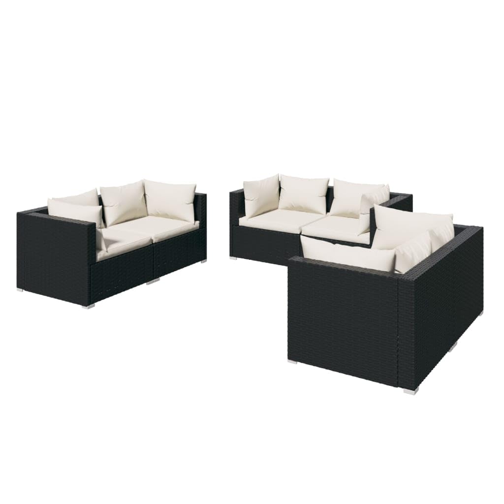 vidaXL 6-Piece Patio Lounge Set - Outdoor Garden Furniture Sectional Sofa with Cushions, Black Poly Rattan Corner Sofa for Backyard, Poolside & Patio Relaxation