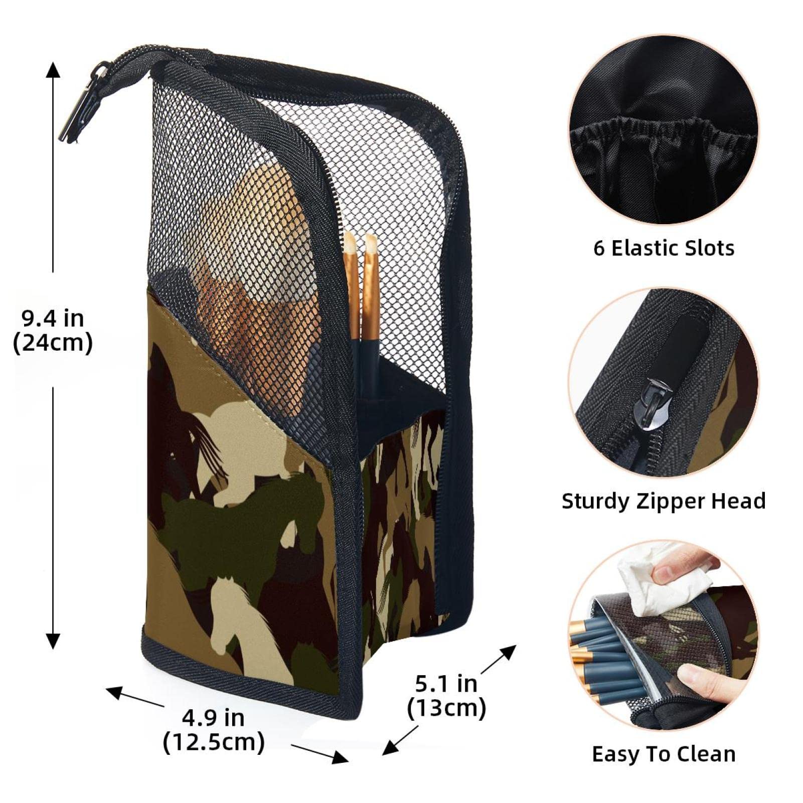 12-Piece Makeup Brush Organizer Bag with Horse Silhouette Camouflage - Portable Makeup Brush Holder Case for Travel & Home Storage
