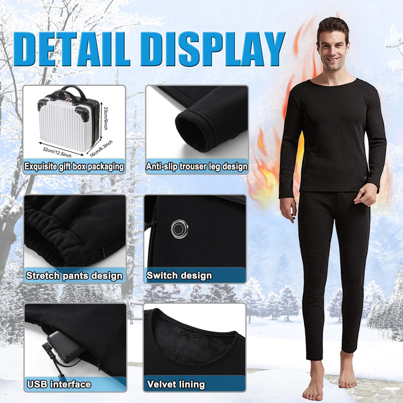 Electric Heated Thermal Underwear Set for Men - USB-Powered Long Johns with Built-in Power Bank | Winter Travel, Outdoor Work & Cold Weather Activities