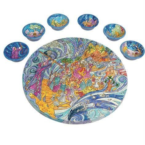 Handcrafted Wooden Passover Seder Plate - Biblical Exodus from Egypt Design by Yair Emanuel | Traditional Jewish Holiday Dinnerware for Pesach Celebration