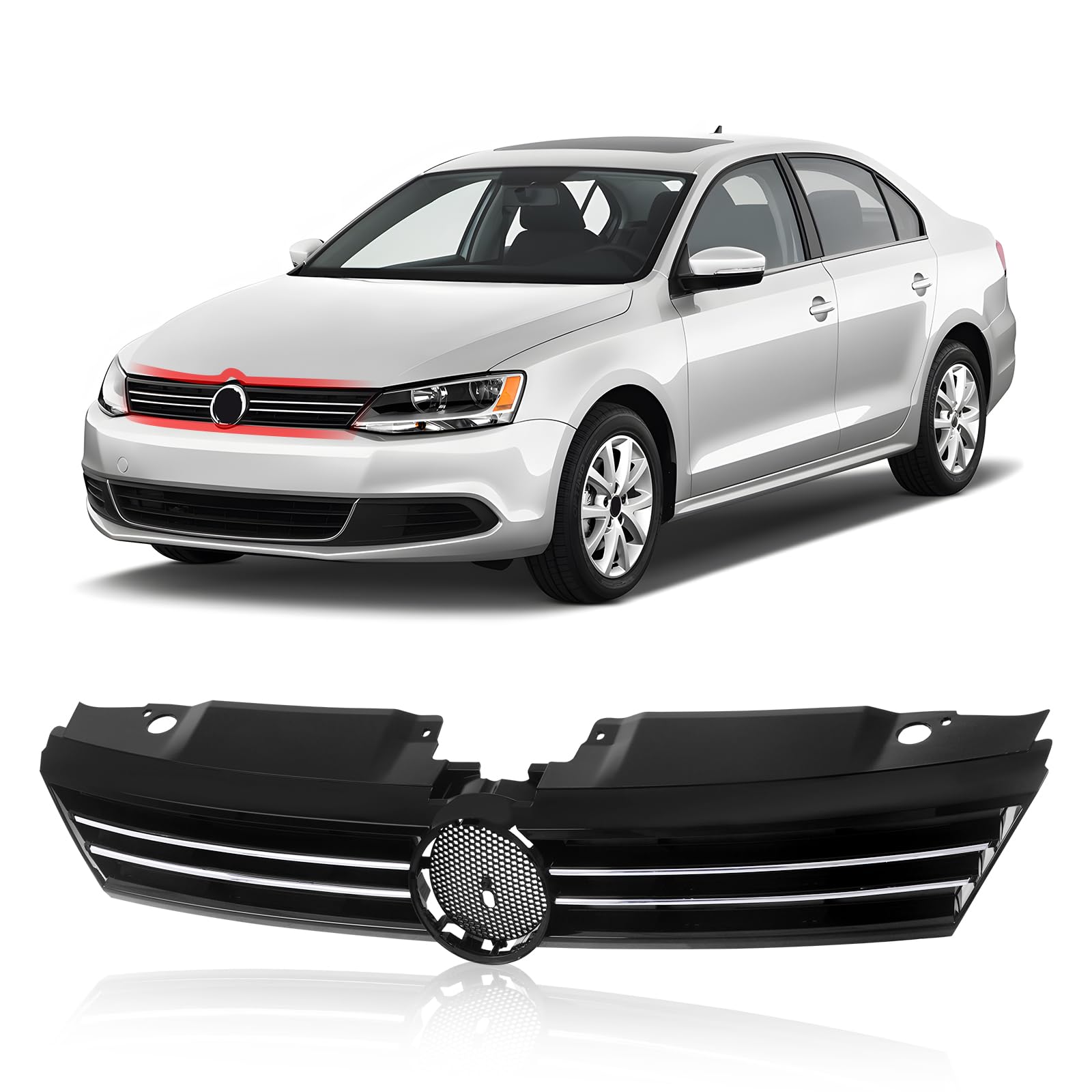 Chrome & Black Front Grill Grille for 2011-2014 Volkswagen Jetta Sedan - OEM 5C6853651AZLL VW1200149 Replacement - Perfect for Car Upgrades & Customization