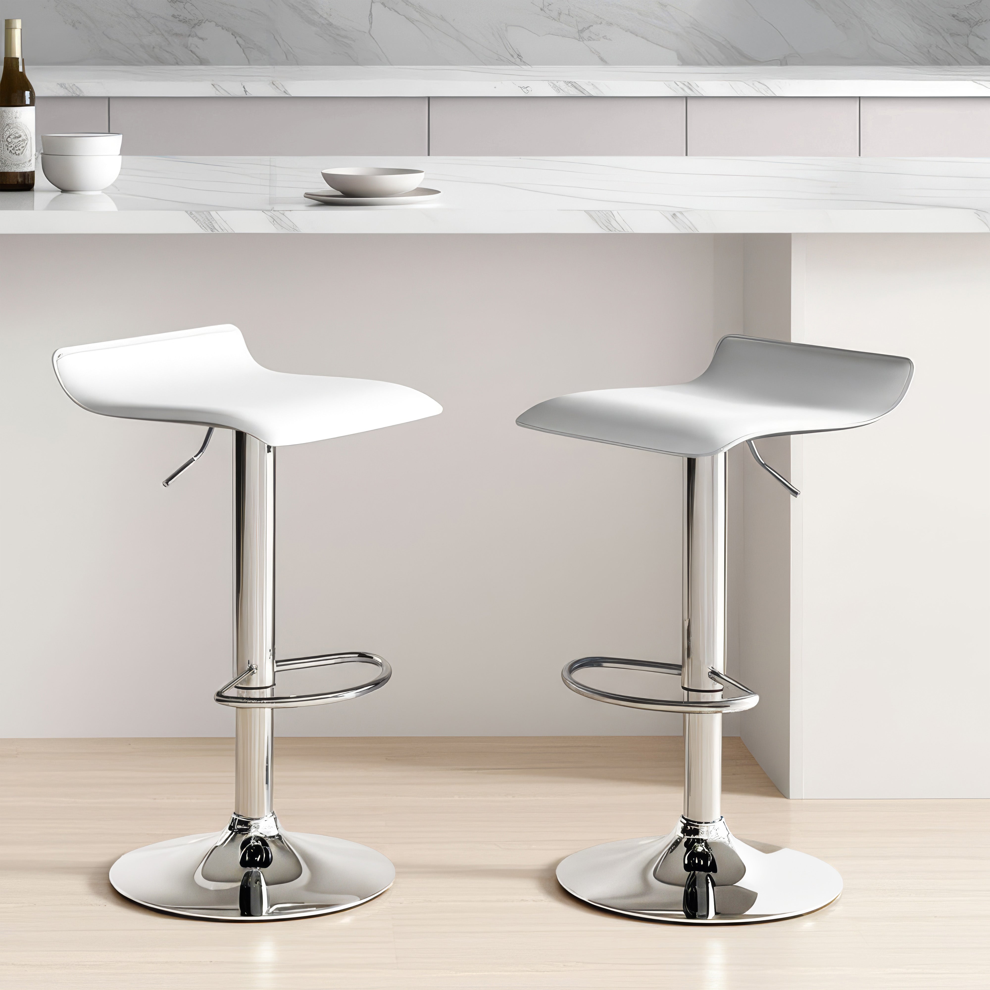 Set of 4 Urban Style Craig Bar Stools with Gas Lift Mechanism - Chrome & White Modern Kitchen Counter Stools for Dining Room, Bar or Breakfast Nook