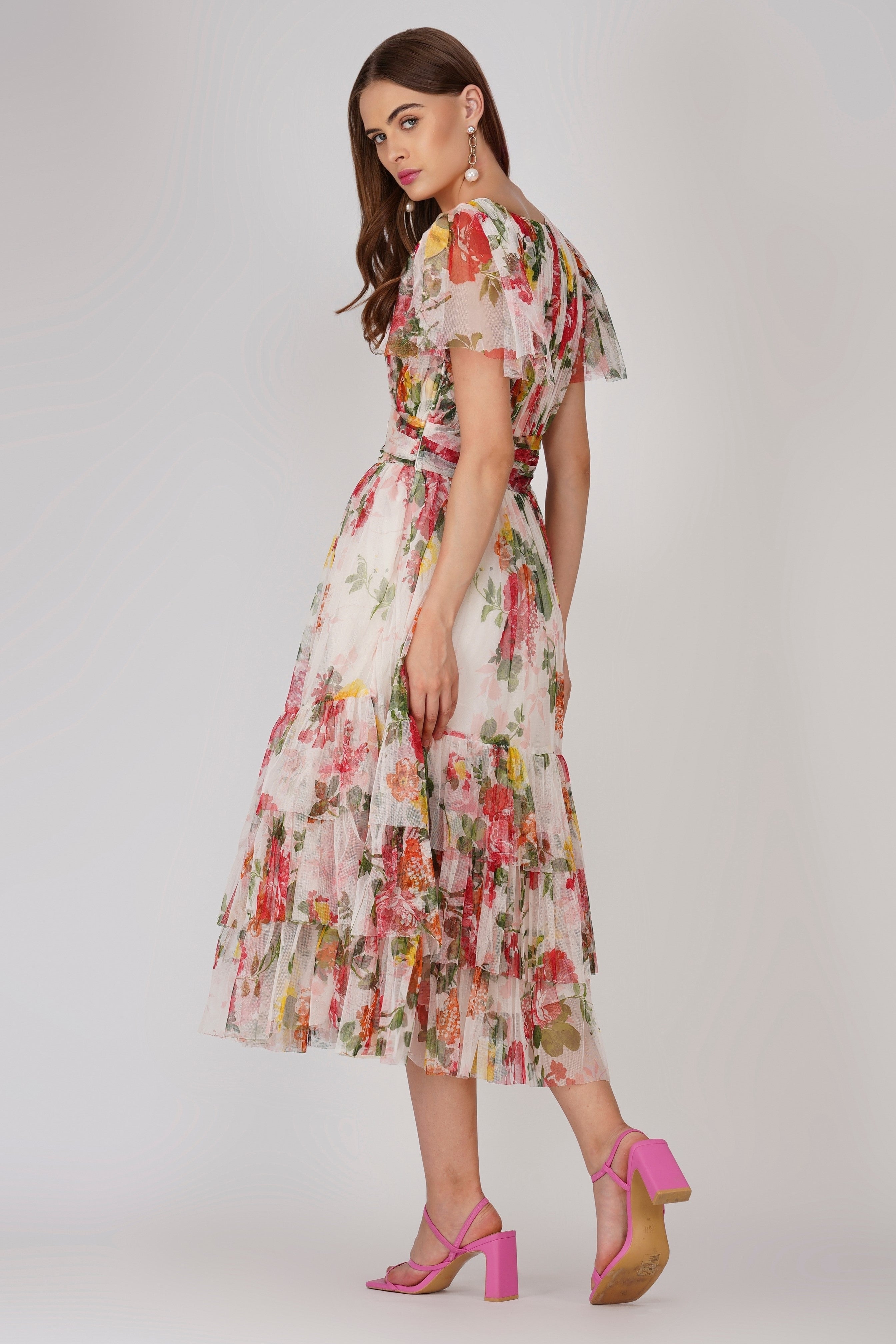 Floral Print Madison Tulle Midi Dress - Elegant Party & Wedding Guest Dress for Women