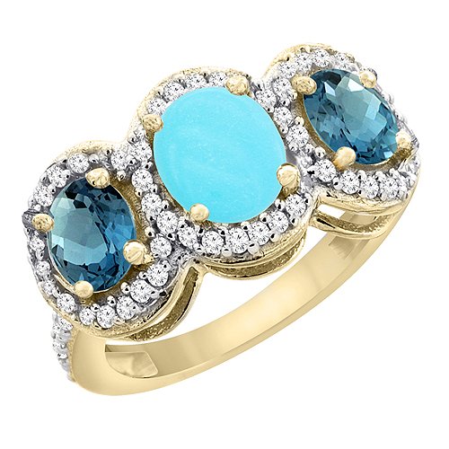 10K Yellow Gold Natural Turquoise & London Blue Topaz 3-Stone Ring with Oval Diamond Accent - Sizes 5-10 | Elegant Jewelry for Women, Perfect Gift for Anniversary, Birthday & Special Occasions