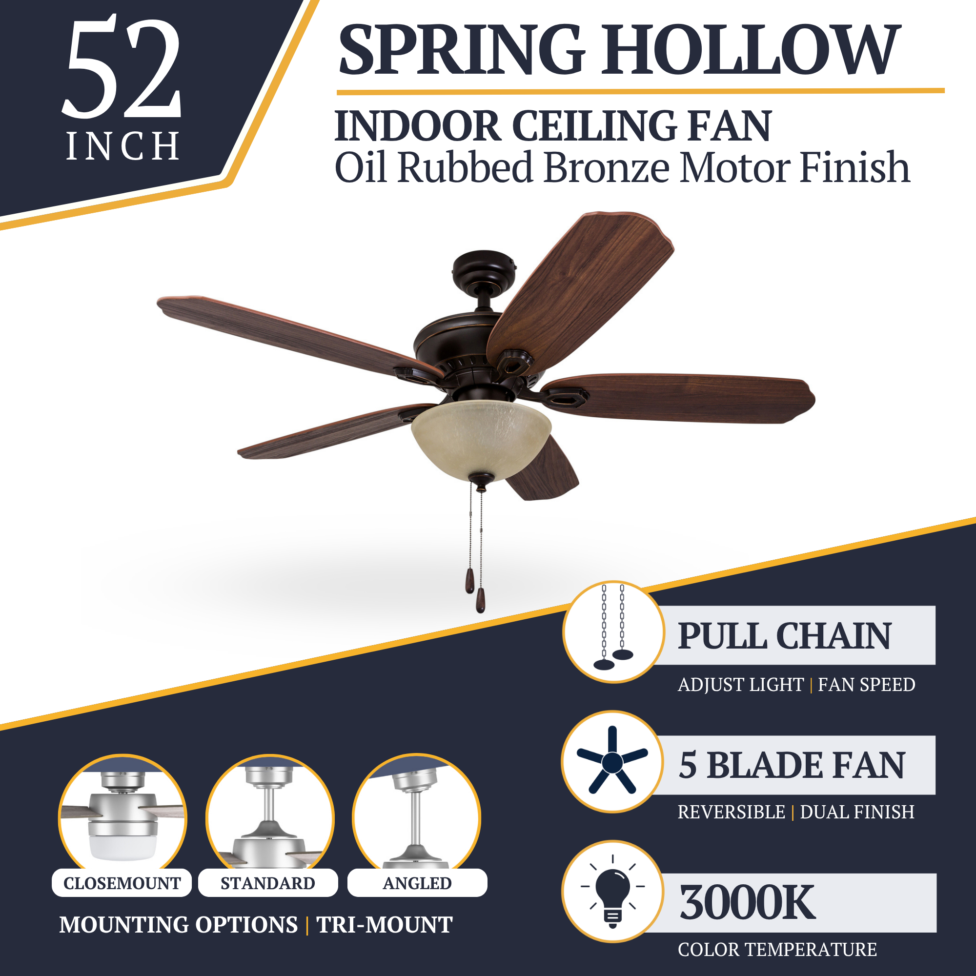 52 Inch Spring Hollow Ceiling Fan with Oil Rubbed Bronze Finish and Pull Chain - Perfect for Living Room, Bedroom, and Outdoor Patio Cooling