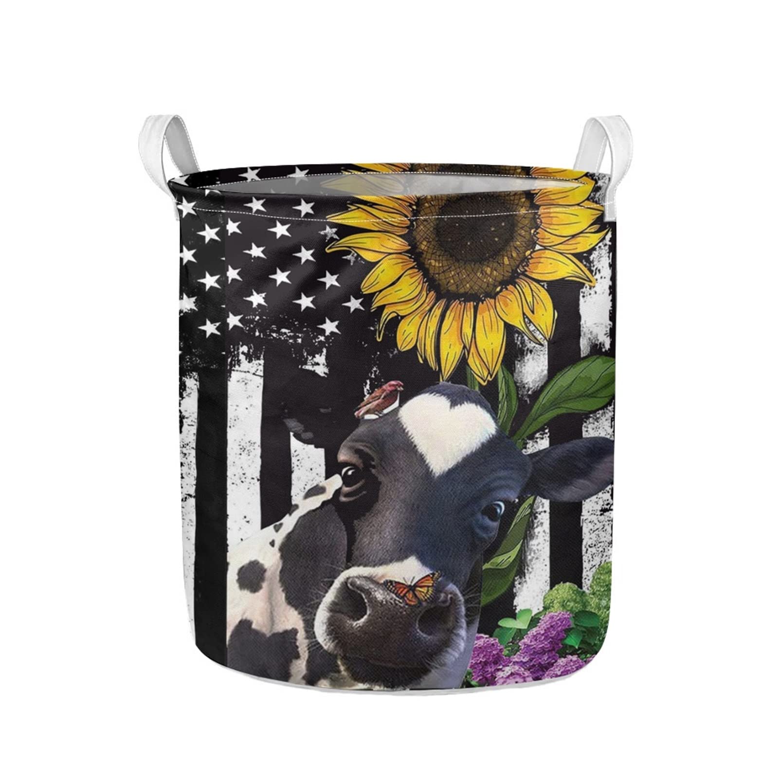 Bulopur Sunflower Cow Dirty Clothes Basket - Large Collapsible Canvas Storage Organizer with USA Flag Design for Closet, Laundry Room & Kids' Toys | Perfect for Independence Day Decor & Home Organization