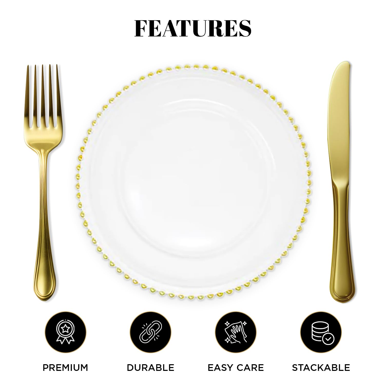 MYEventProducts 8-Pack 13-Inch Gold Glass Charger Plates - Elegant Wedding Reception Dinner Plates, Heavy Duty & Durable Party Supplies for Formal Events, Banquets and Holiday Celebrations (Gold)