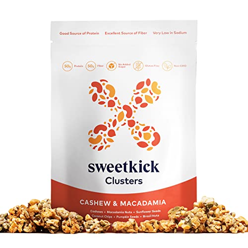Crunchy Sweetkick Clusters Cashew Macadamia Nut Mix - Gluten Free, Grain Free, Vegan Snack with Superfoods, Plant Protein & Healthy Fats - No Added Sugar, Non-GMO, Keto Friendly - Perfect for On-the-Go Snacking, Office Treats & Healthy Lifestyle