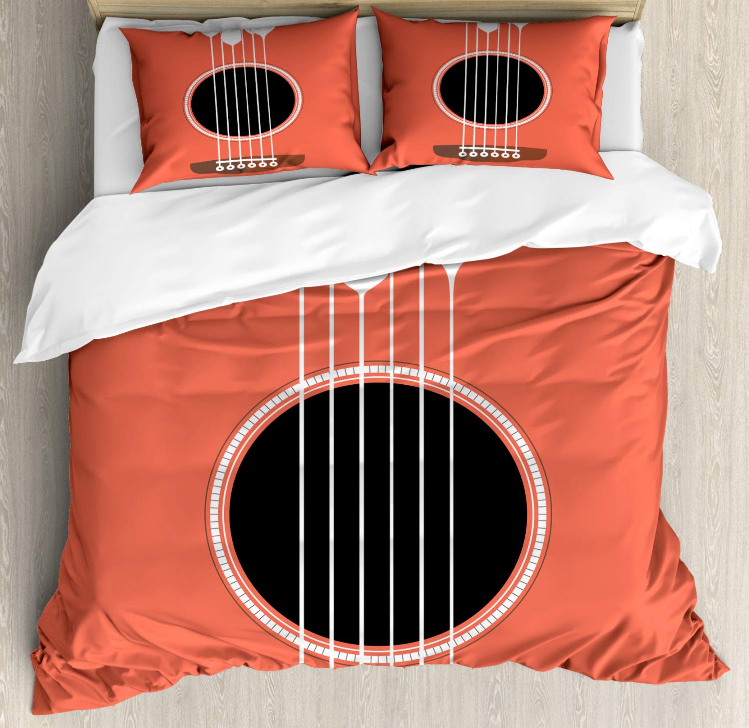 Ambesonne Queen Size Duvet Cover Set - 3 Piece Bedding with Acoustic Guitar & Wine Glass Design, Salmon White - Perfect for Music Lovers & Bedroom Decor, Includes 2 Pillow Shams for Cozy & Stylish Sleep