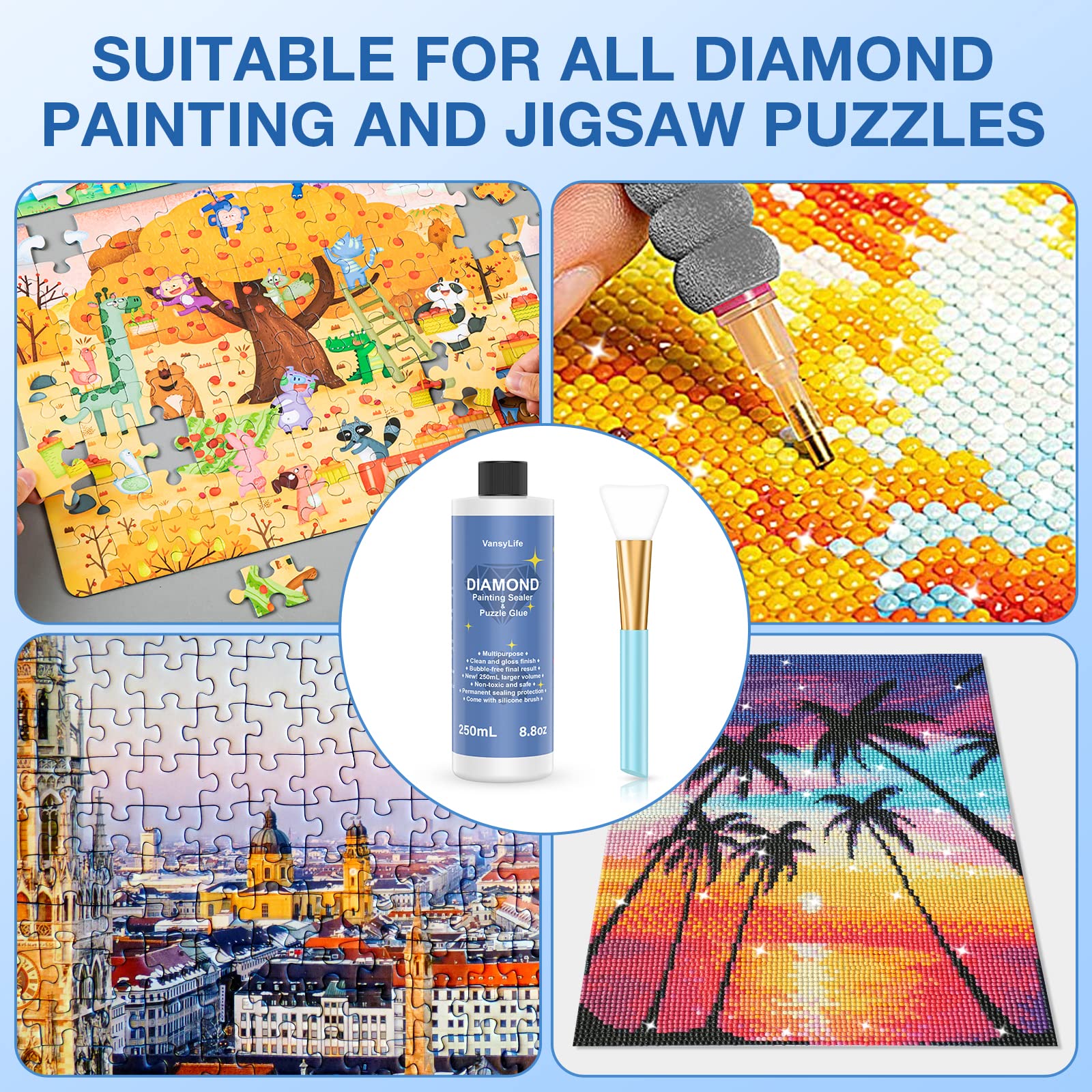 Premium 5D Diamond Painting Sealer 2-Pack (500ml/17.6oz) with Silicone Brush - Permanent Hold & High Shine Finish for DIY Diamond Art, Jigsaw Puzzles - Perfect for Home Decor, Craft Projects & Gift Making