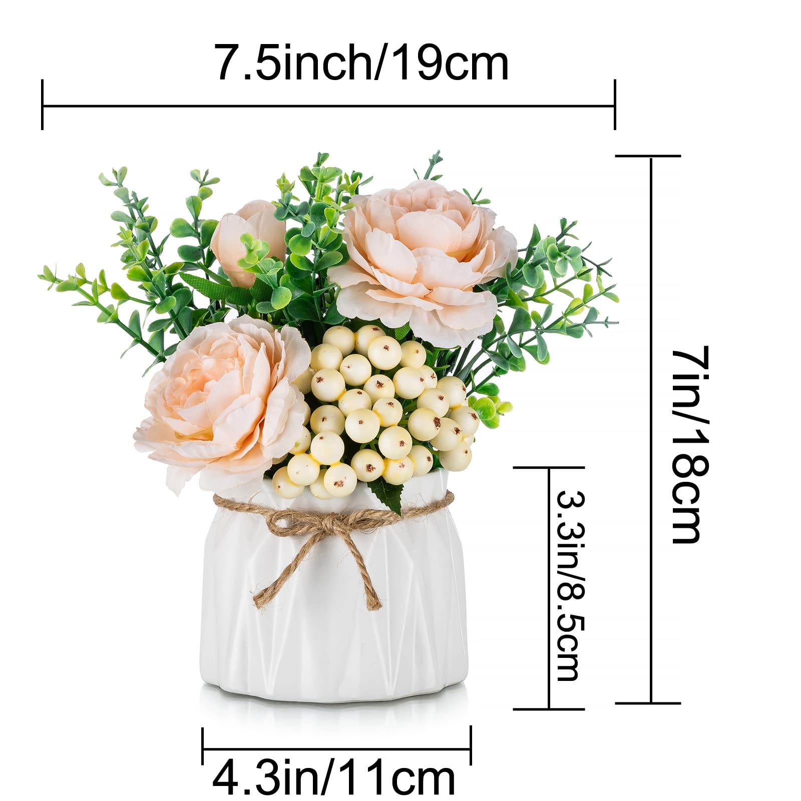 BLOSMON 2-Pack Artificial Pink Silk Roses in Vase - Small Fake Flower Arrangement for Table Centerpieces, Kitchen, Dining Room & Coffee Table Decor - Perfect for Home, Wedding, Office & Party Decorations