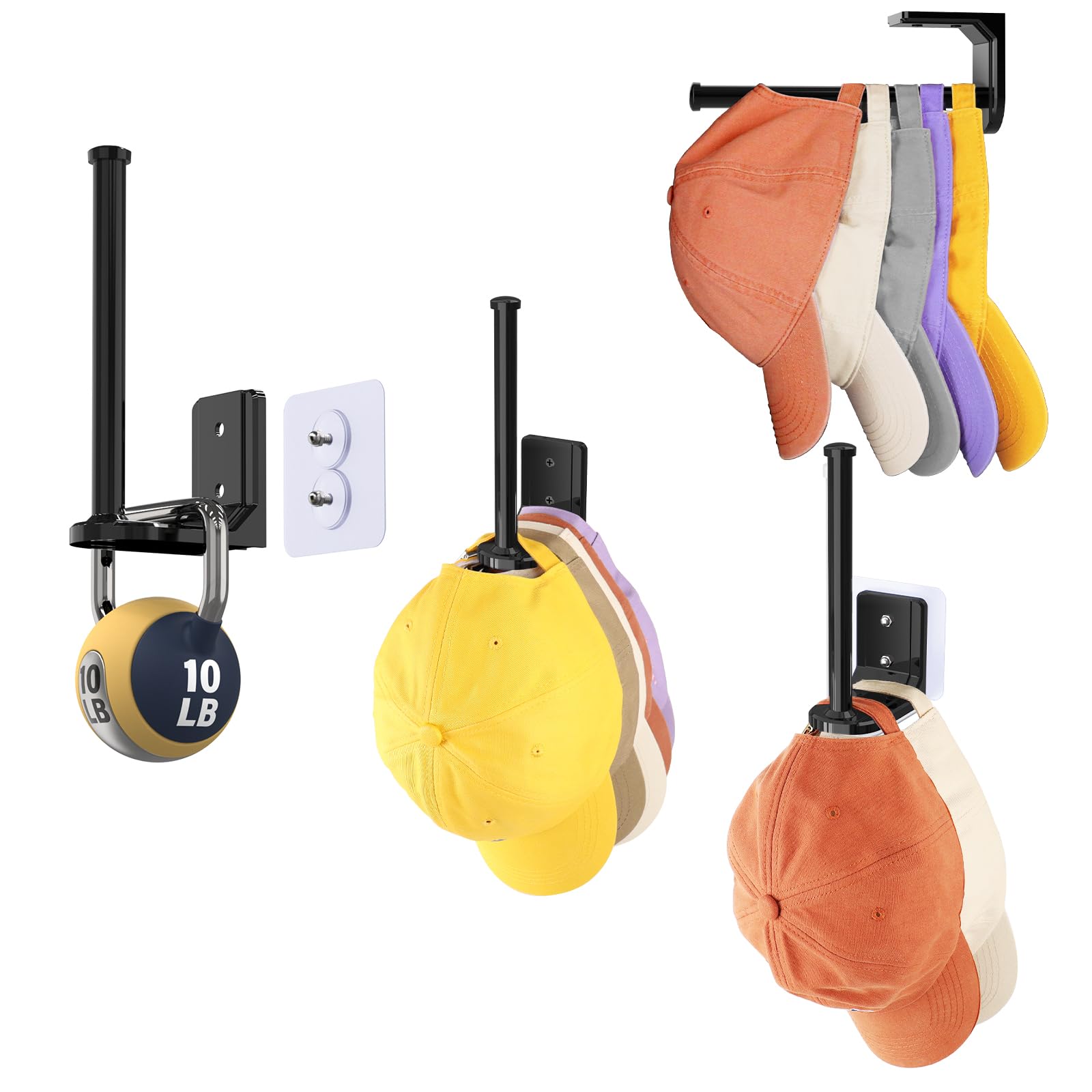 4 Pack Baseball Cap Organizer - Wall Mount Hat Rack Storage for Closet | Space-Saving Hat Holder with Adhesive & Drill Options (Black) | Perfect for Bedroom, Garage & Entryway Organization