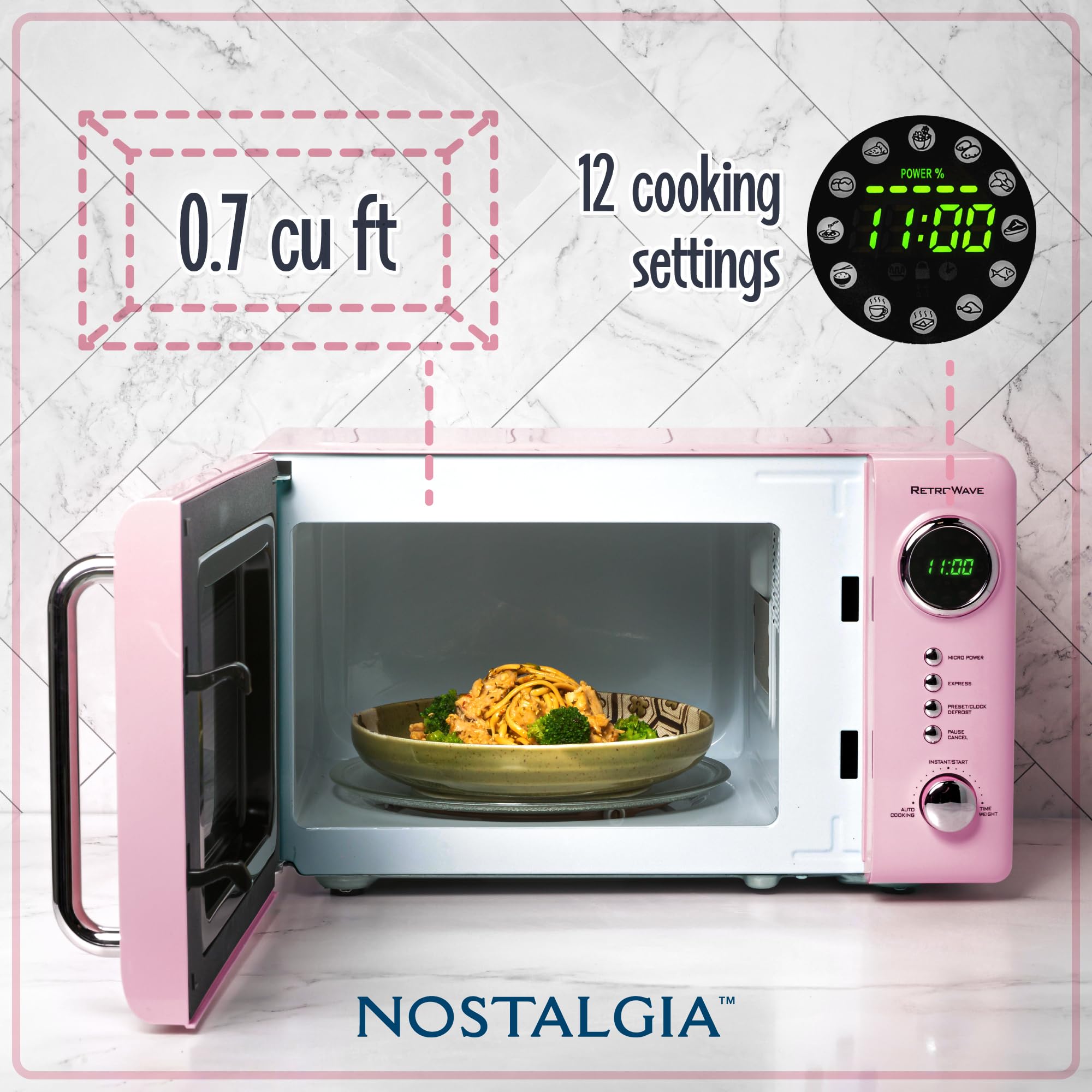 Retro Pink 0.7 Cu. Ft. 700-Watt Compact Countertop Microwave Oven with LED Digital Display & Child Lock - Easy Clean Interior - Perfect for Dorms, Small Kitchens & Office Break Rooms