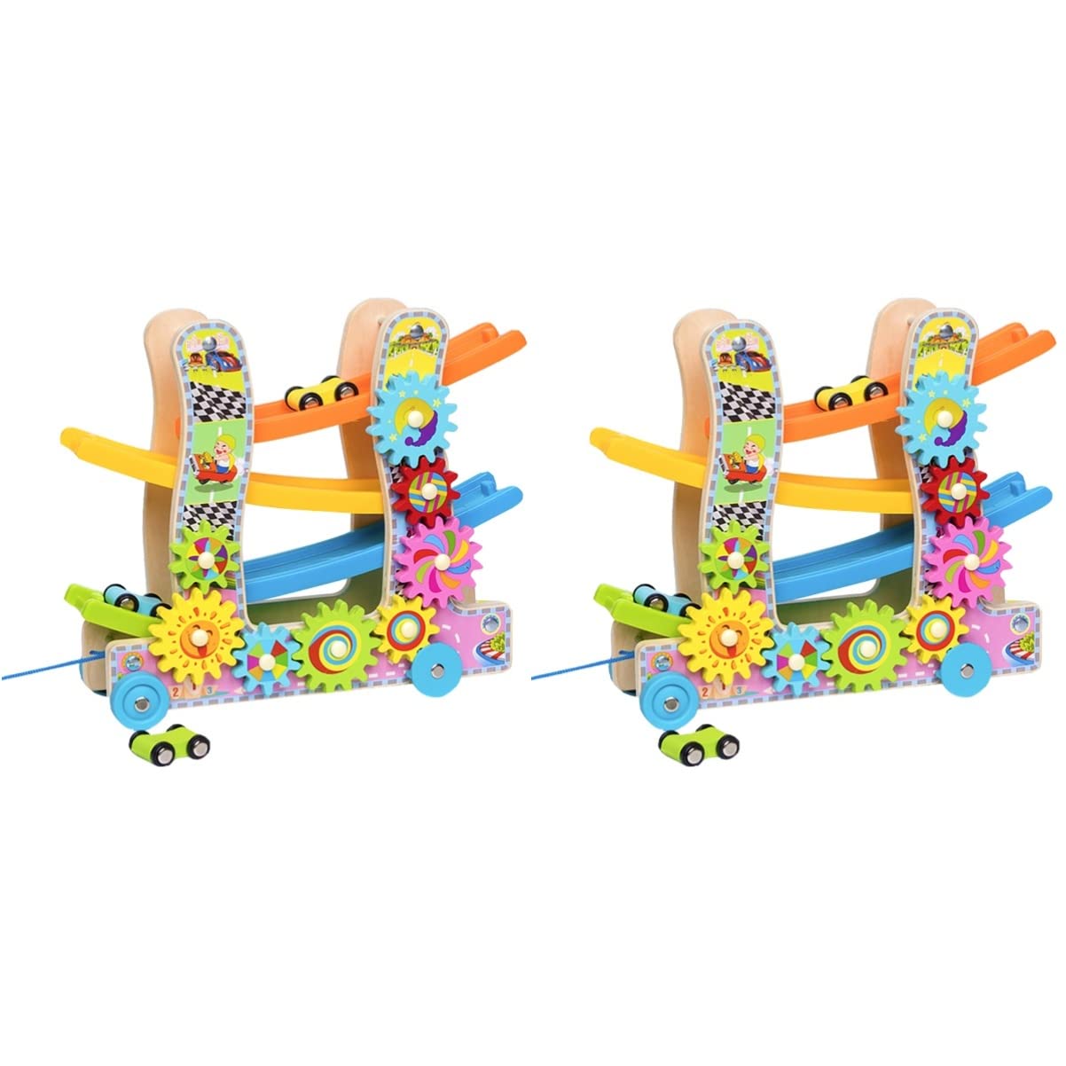 Toyvian 2 Sets Wooden Race Car Toys for Kids - Gliding Ladder Ramp Track Playset - Perfect for Preschool Learning & Indoor Racing Games
