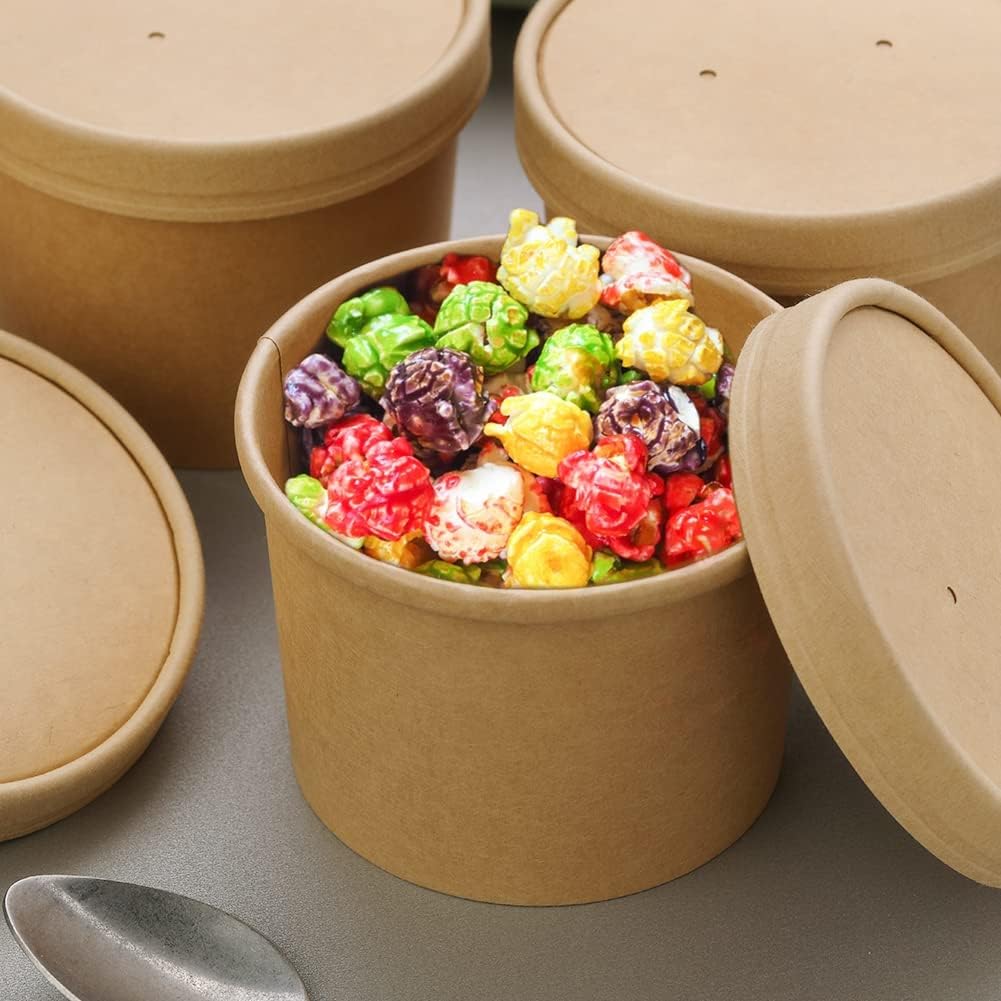 12 oz 50 Pack Disposable Paper Containers with Lids - Eco-Friendly Dessert Bowls for Hot & Cold Foods, Ice Cream, Yogurt, Fruit - Perfect for Parties, Catering, Takeout & Home Use