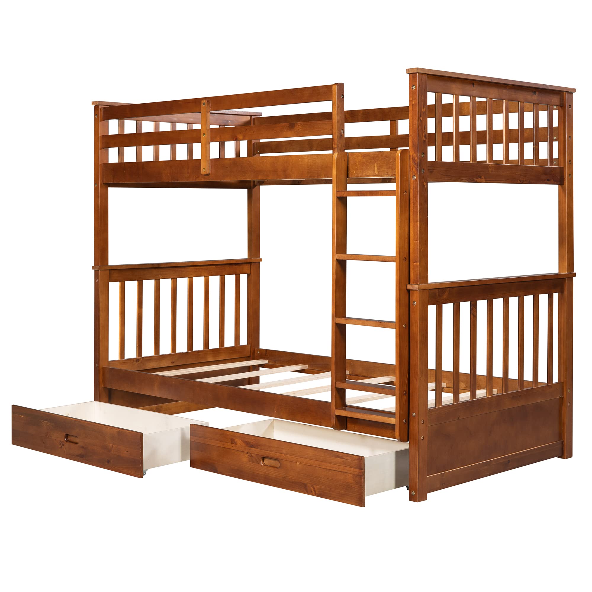 P PURLOVE Twin Over Twin Bunk Bed with 2 Storage Drawers - Convertible Wooden Bunk Bed Frame with Ladder - Separates into 2 Single Beds - Space-Saving Solution for Kids, Teens, Boys & Girls - No Box Spring Required (Walnut Finish) - Perfect for Small Bedrooms, Guest Rooms & Vacation Homes