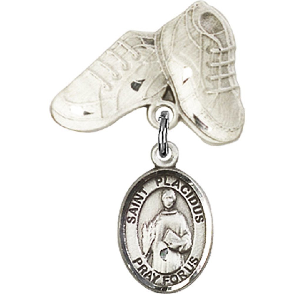 1 X 5/8 Inch Sterling Silver Baby Badge with St. Placidus Charm & Baby Boots Pin - Perfect for Christening Gifts, Baby Showers & Keepsakes