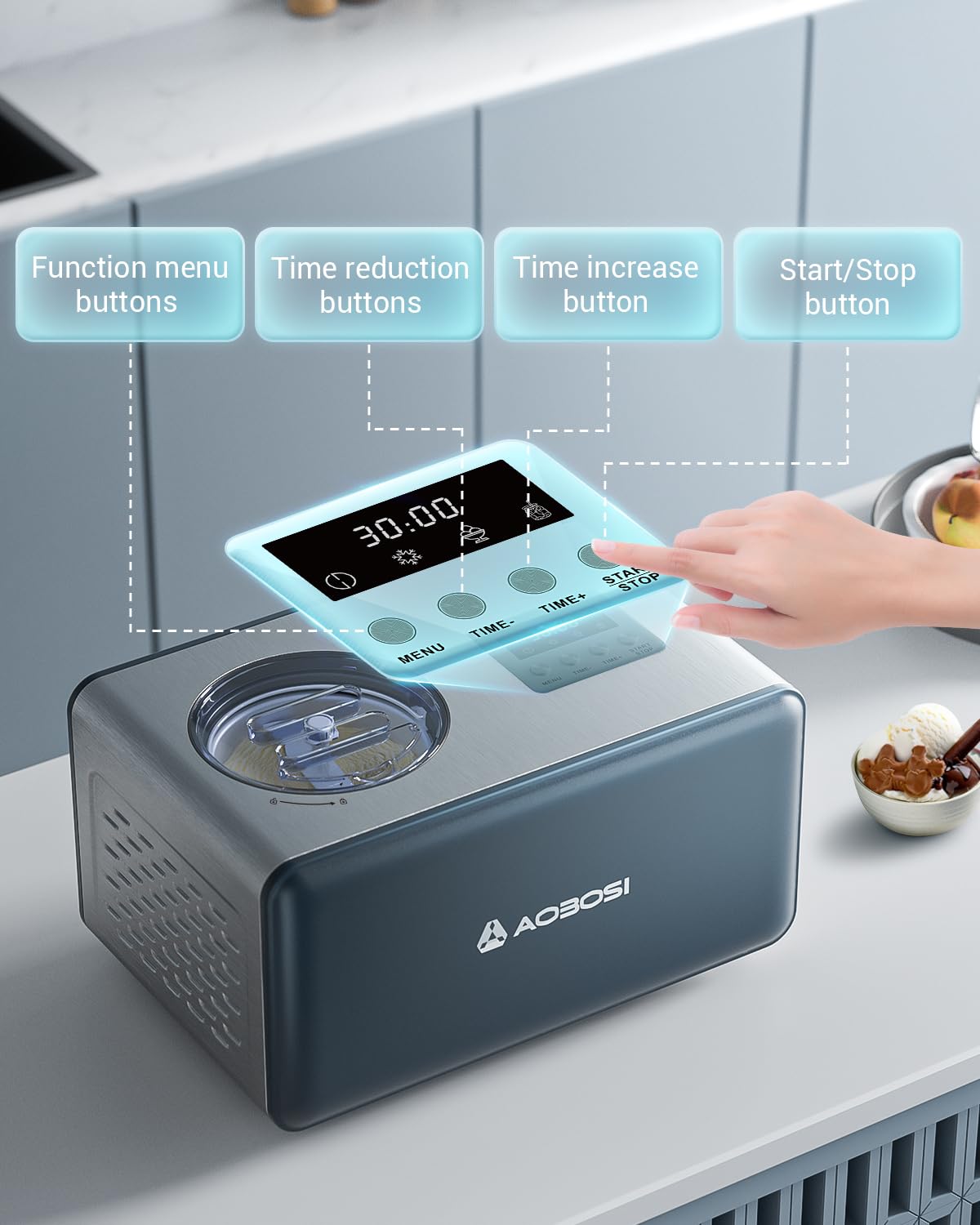 AAOBOSI 1.6 Quart Automatic Ice Cream Maker with Built-in Compressor - No Pre-Freezing Needed, 4 Modes for Frozen Yogurt & Sorbet, Digital Touch Control with Timer - Perfect for Home Kitchen, Parties & Dessert Making